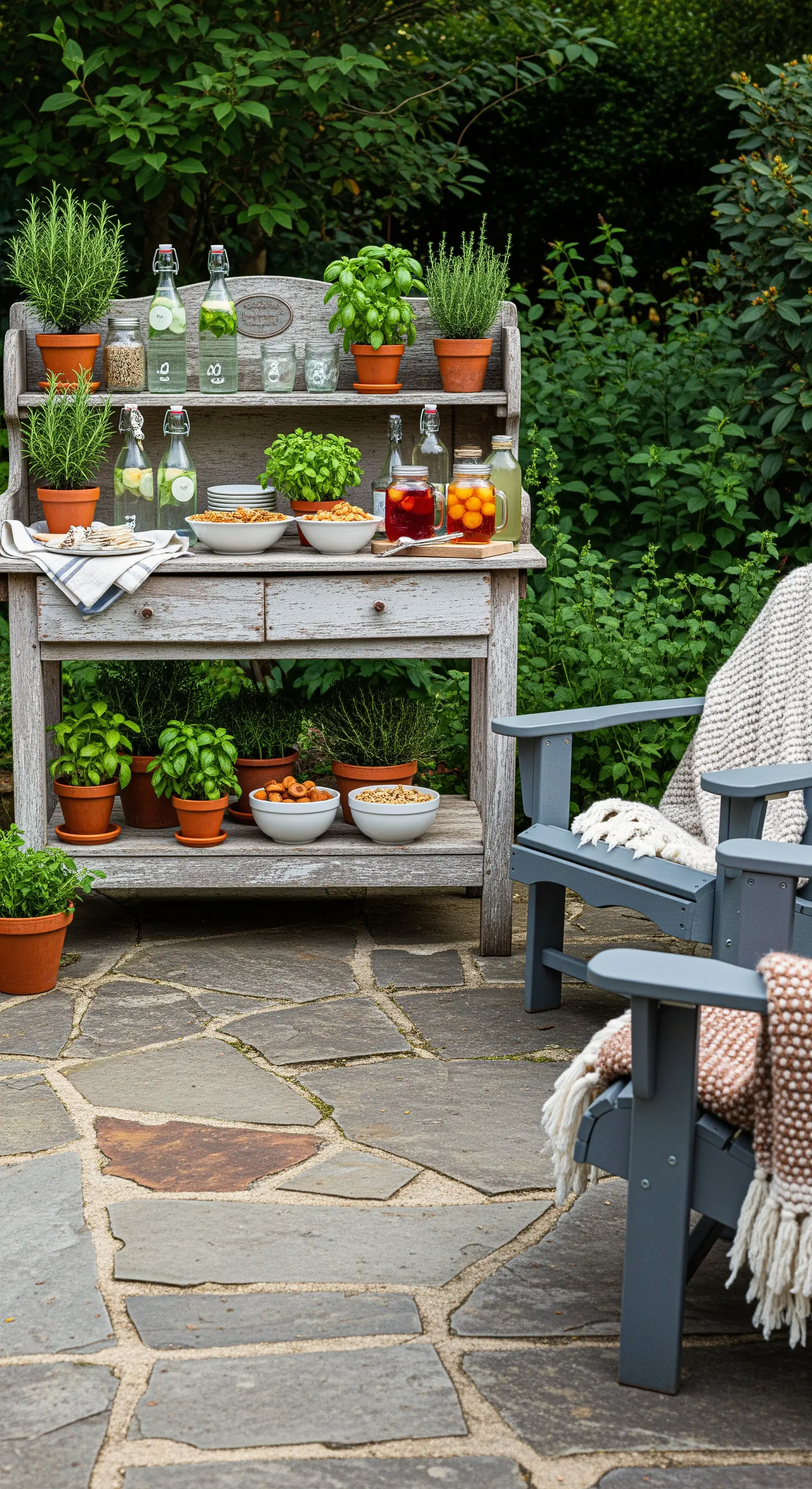 Kräuter-Buffet auf Holzregal, Adirondack-Stühle mit Decken auf Pflaster.
