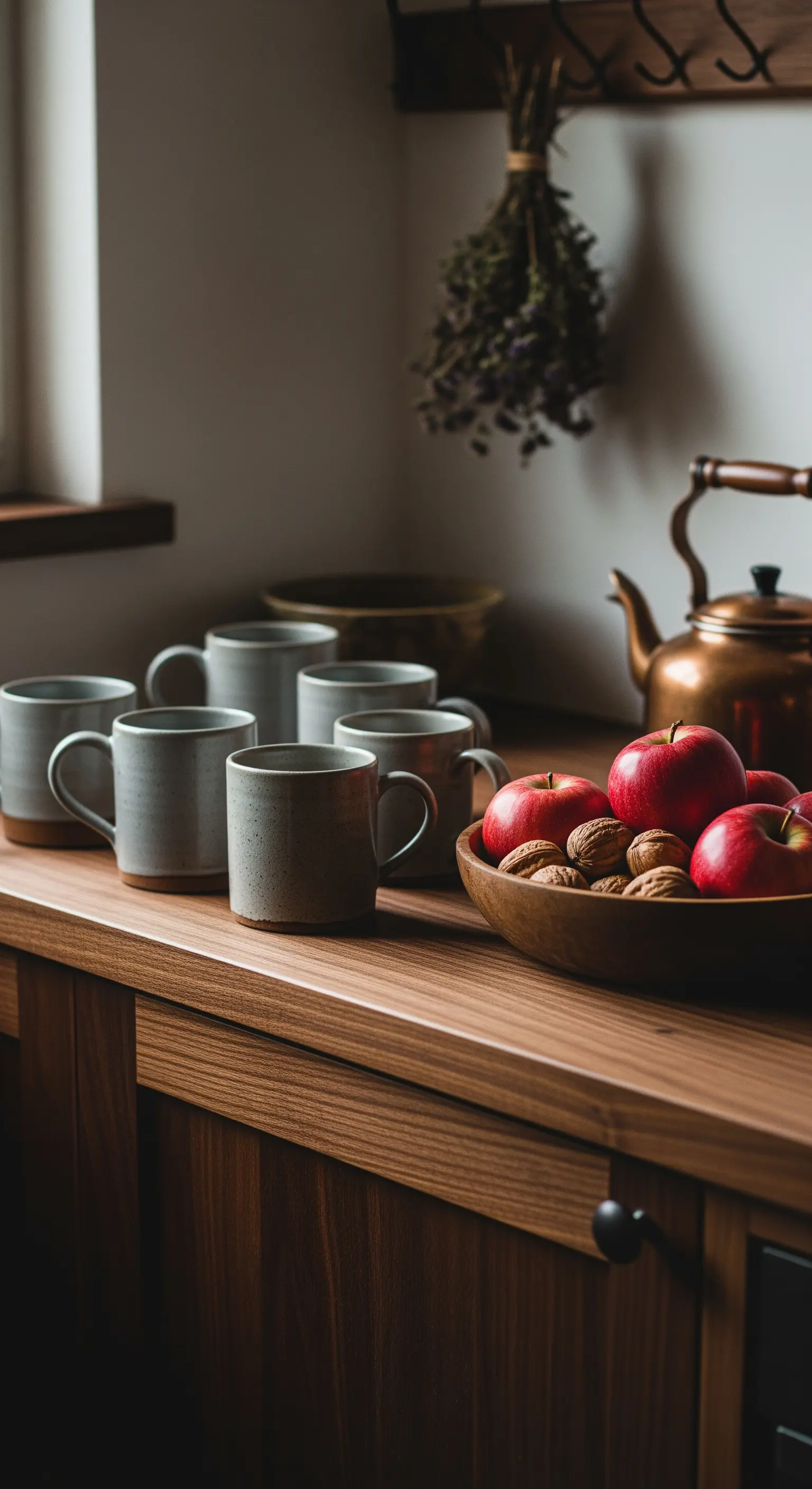 Küchenarbeitsplatte, Äpfel Walnüsse, Keramiktassen, getrocknete Kräuter