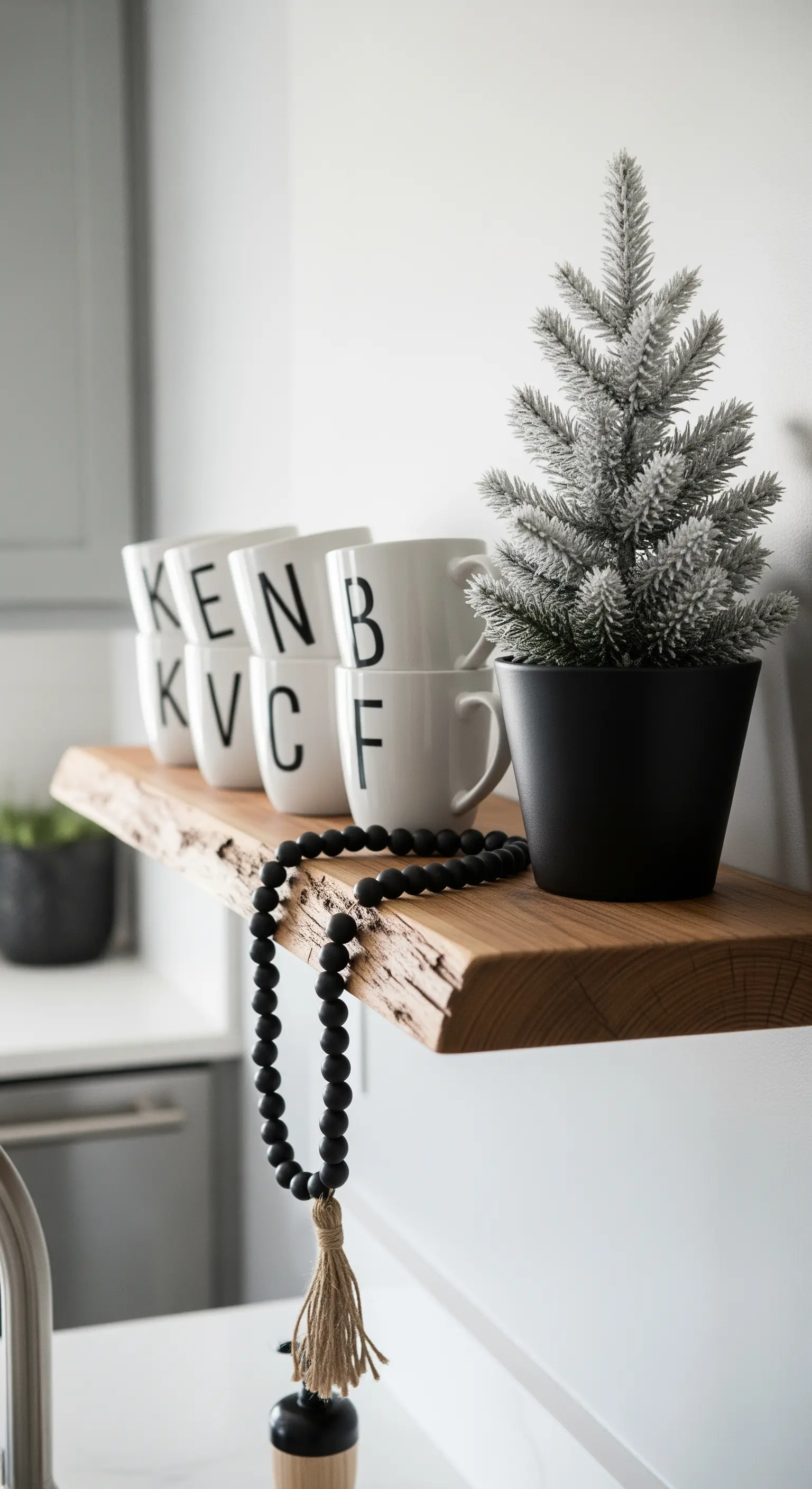 Offenes Küchenregal mit Mini-Weihnachtsbaum, schwarzen Perlen und Tassen.