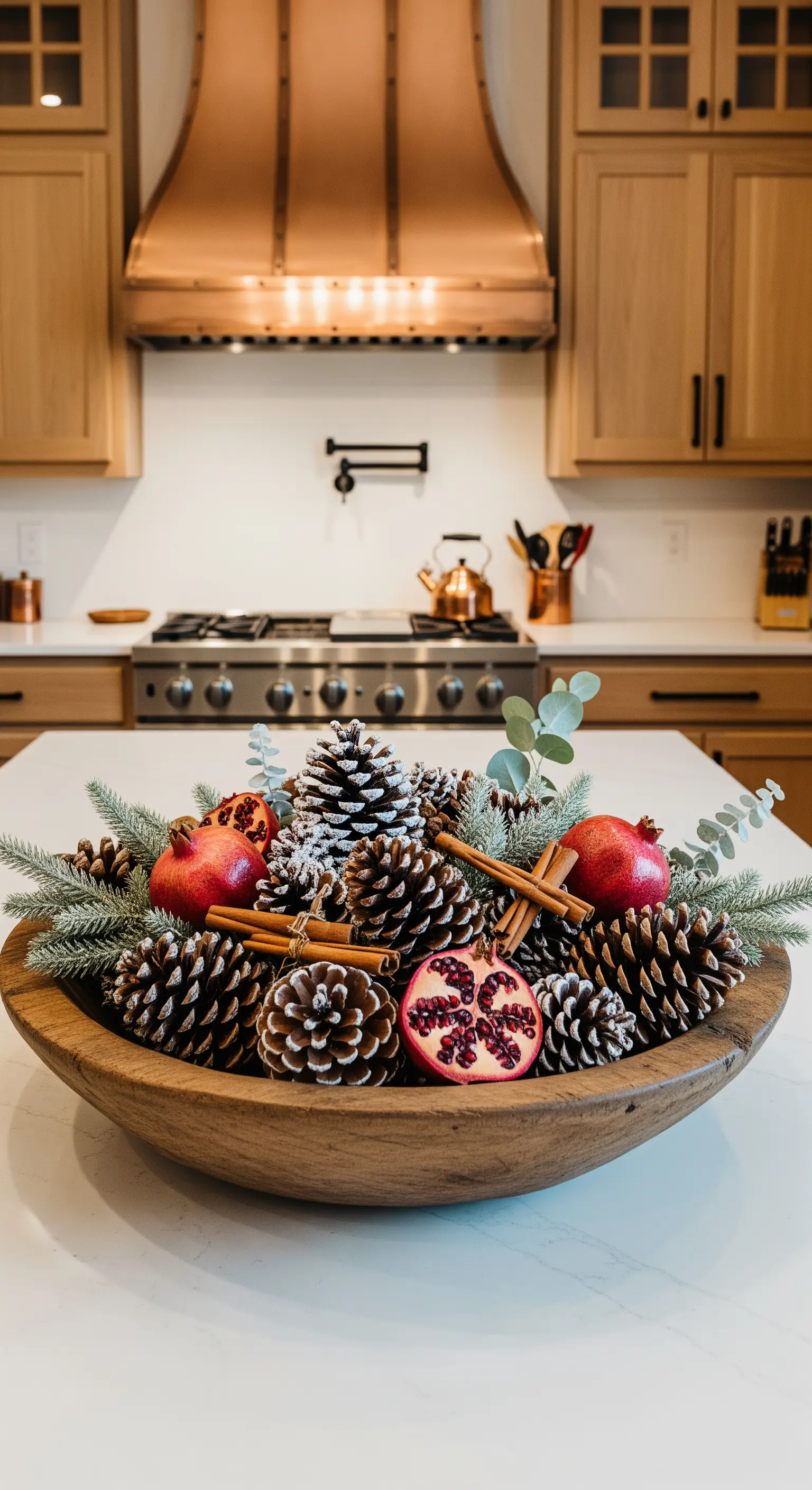 Große Holzschale gefüllt mit Tannenzapfen, Granatäpfeln, Zimtstangen und Eukalyptus