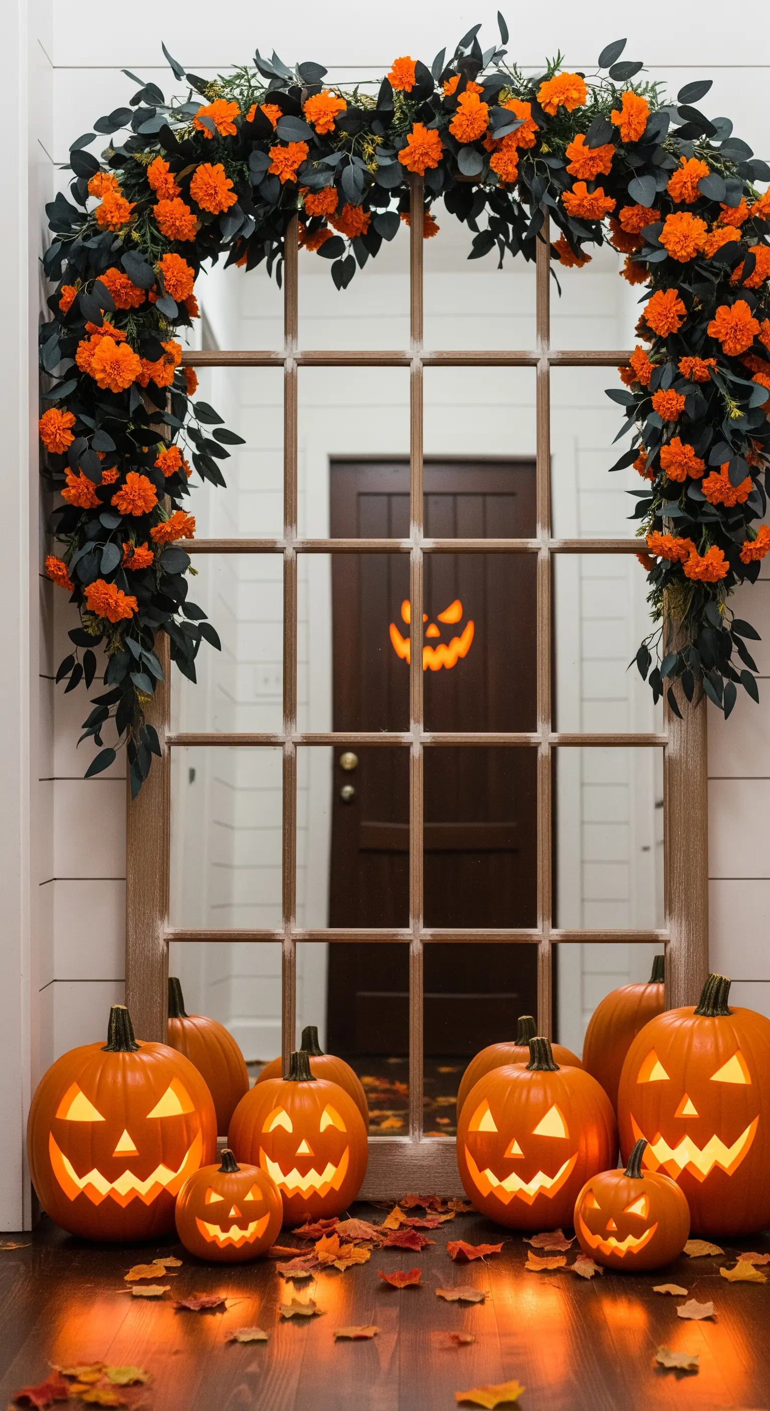 Fensterspiegel mit orangen Blumengirlanden und leuchtenden Jack-o'-Lanterns