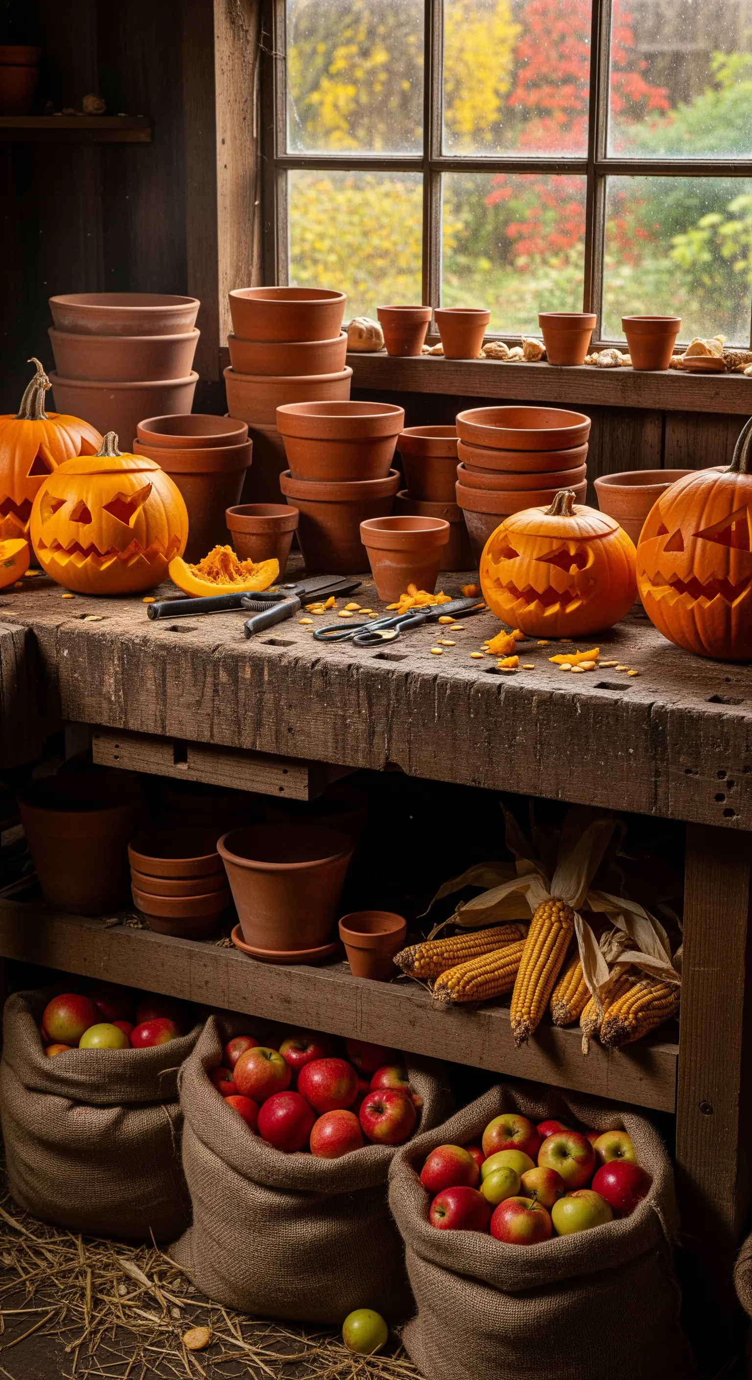Kürbis-Schnitzwerkstatt mit Terrakottatöpfen, Äpfeln und Maiskolben