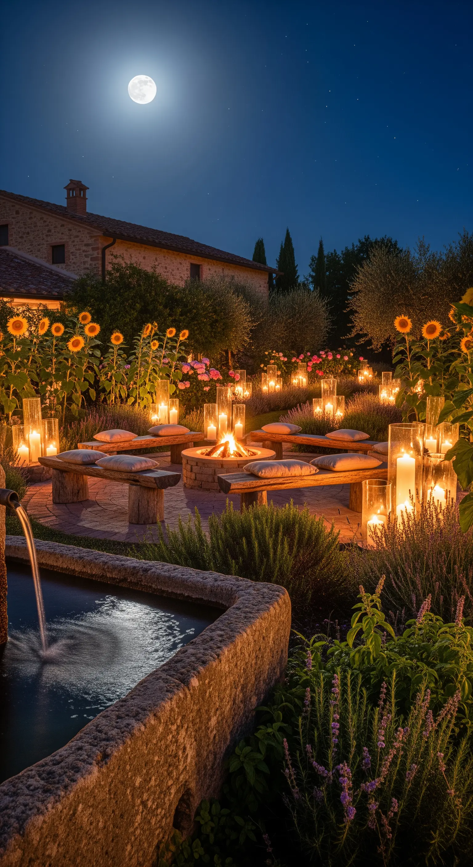 Feuerstelle mit Holzbänken, Kissen, Sonnenblumen und vielen Kerzen rund um einen Steinbrunnen