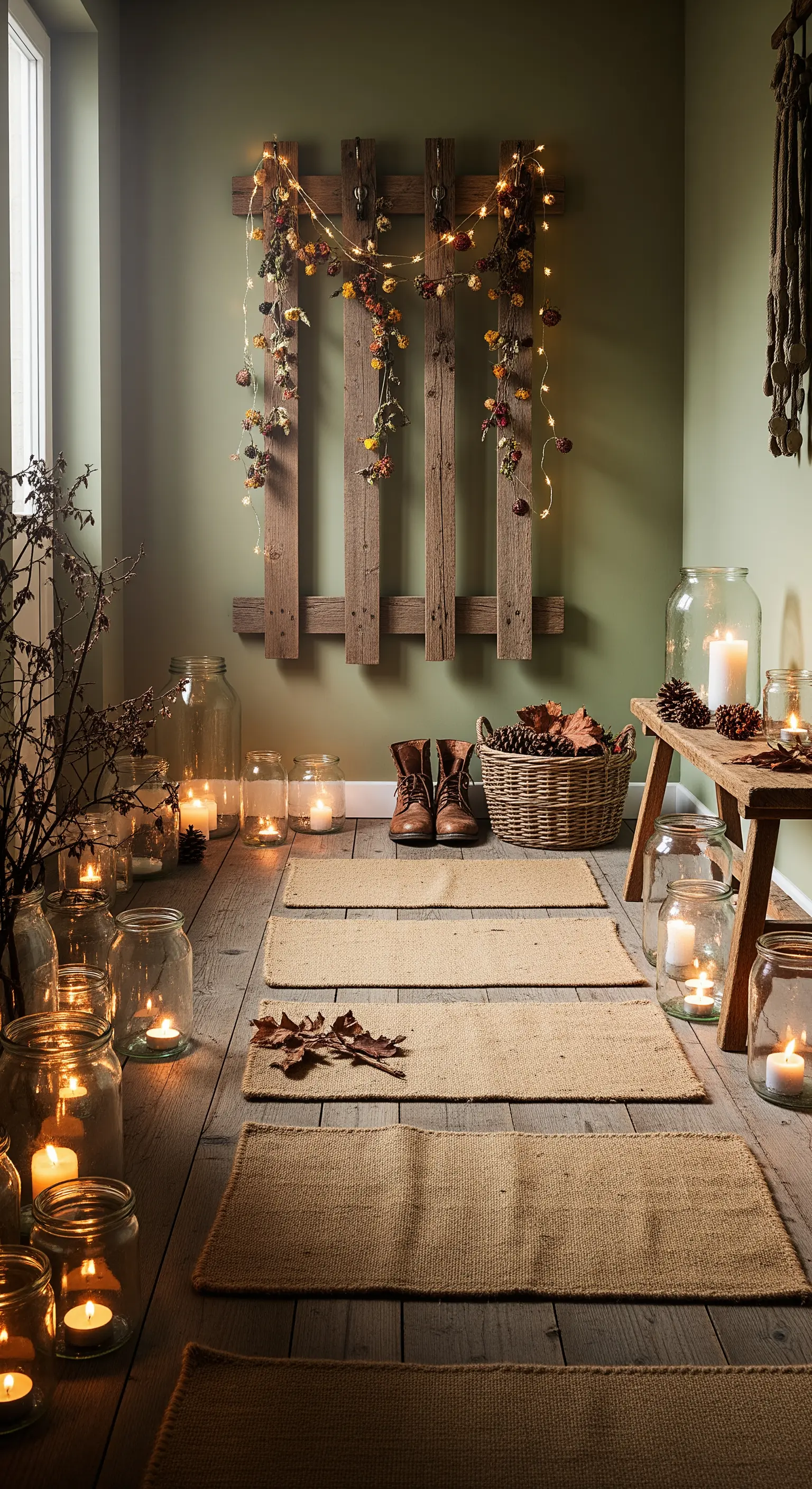 Rustikaler Flur mit Holzpaneel-Wanddeko, vielen Kerzen in Gläsern und Jute-Läufern