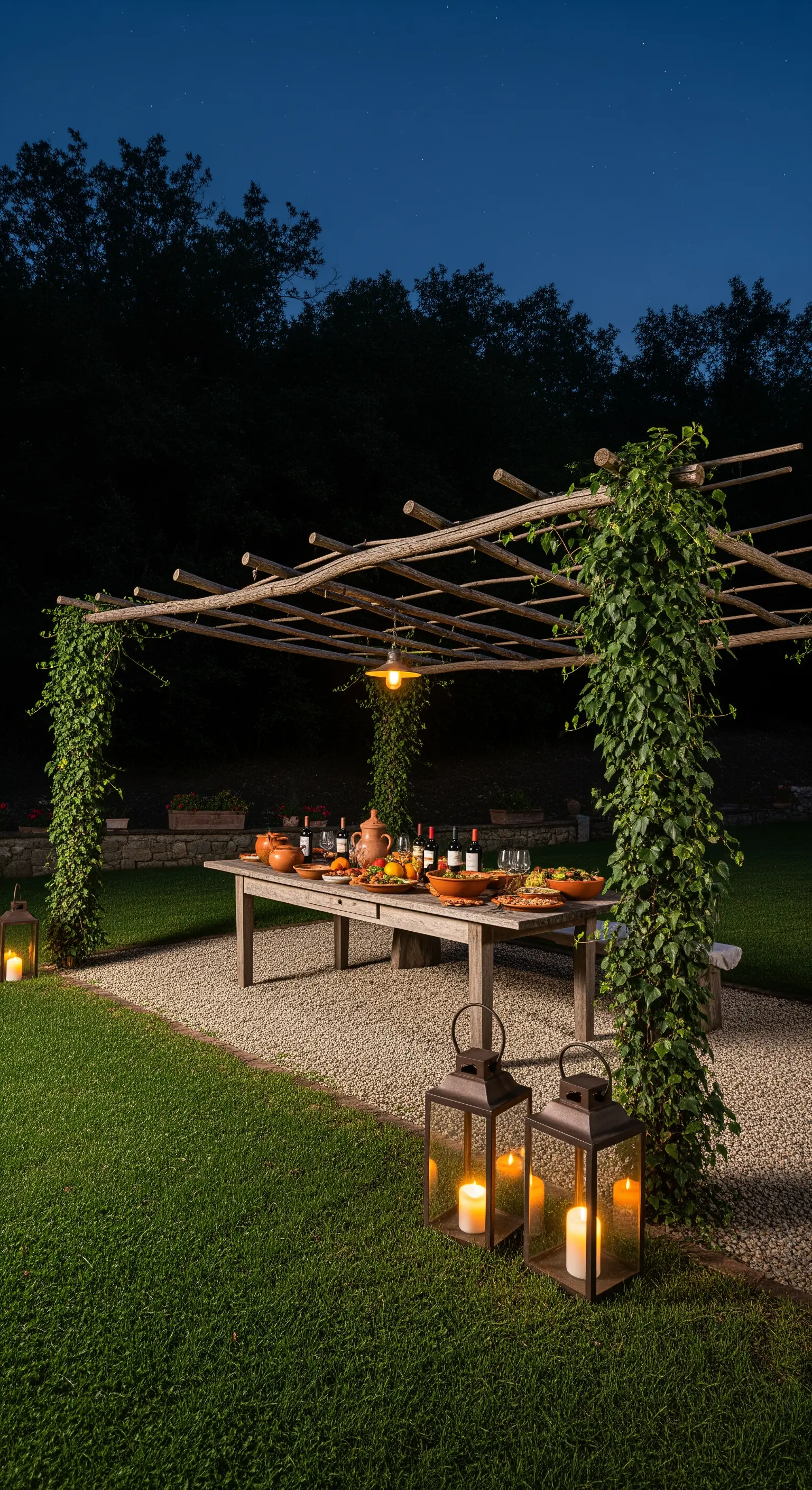 Efeu-Pergola, rustikaler Holztisch, Laternen, Terrakotta-Deko