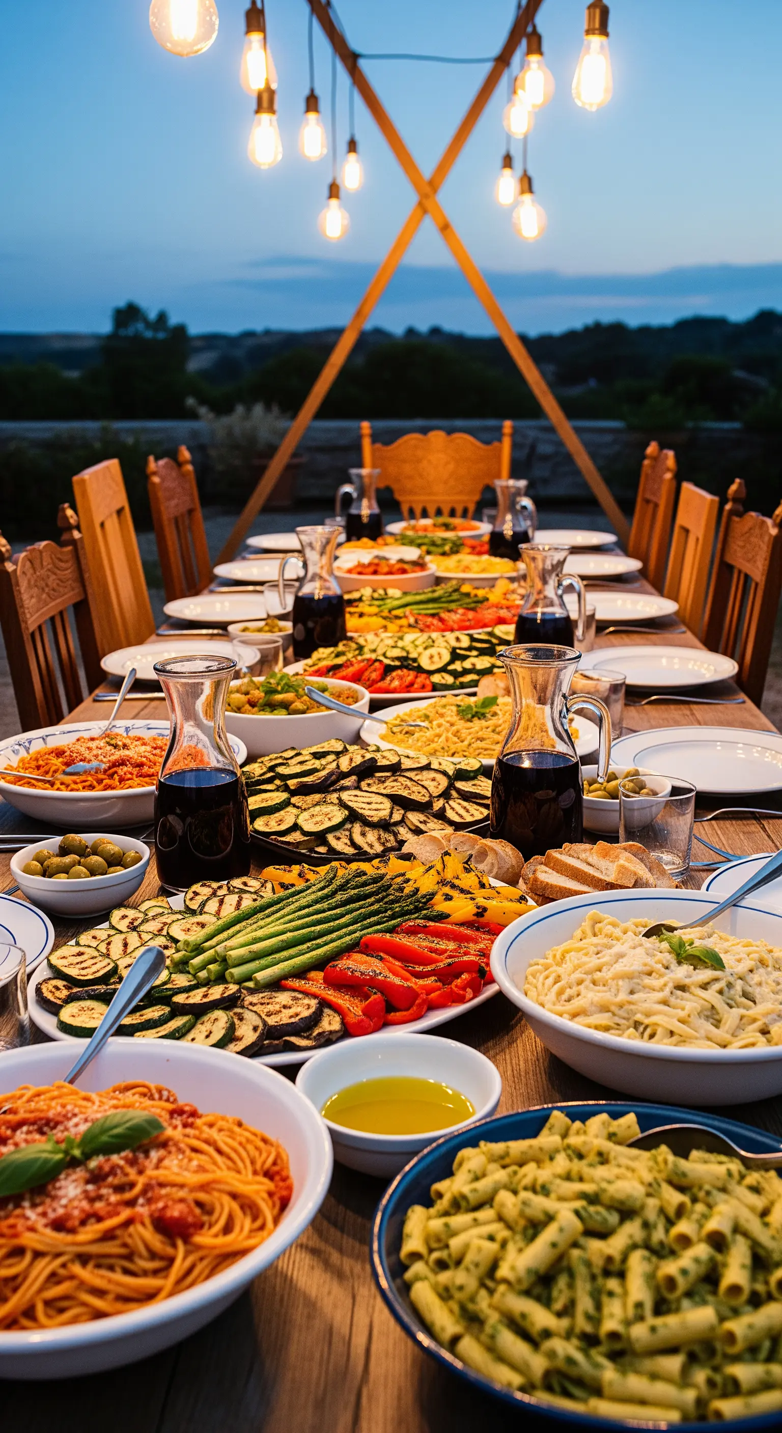 Lange Landtafel mit italienischen Gerichten und Edison-Lichterketten am Abend