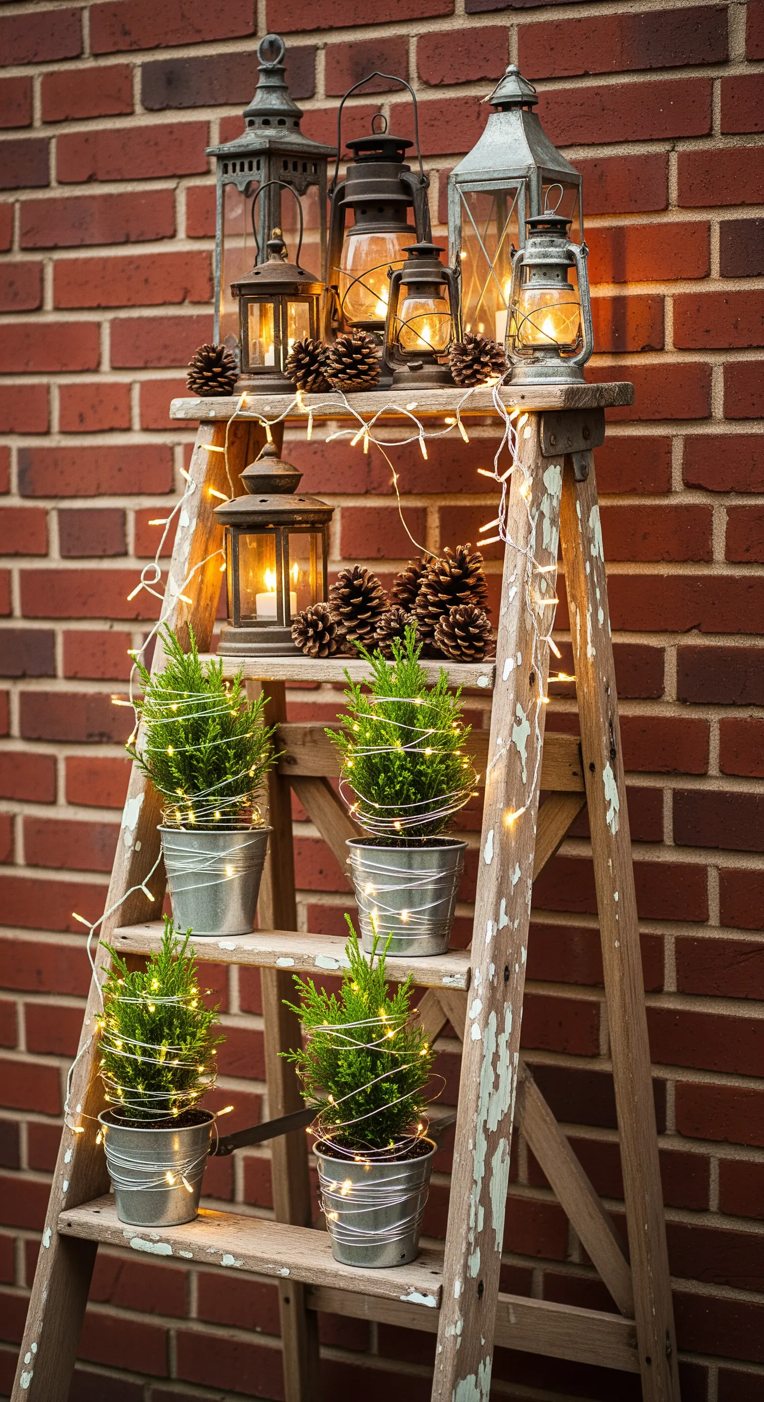 Rustikale Holzleiter mit Laternen, Zapfen und beleuchteten Topfpflanzen als festlicher Akzent.
