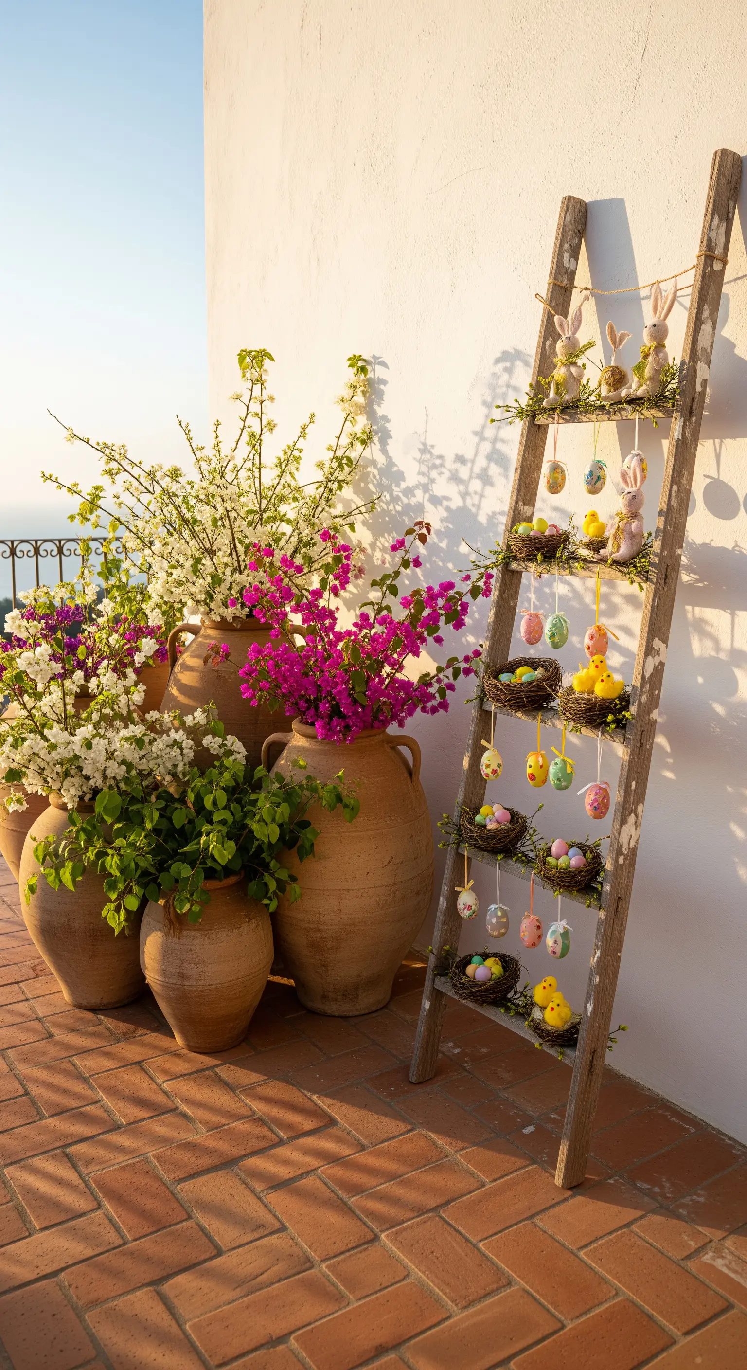 Holzleiter auf Terrasse mit Blumen und Ostereiern in kleinen Nestern