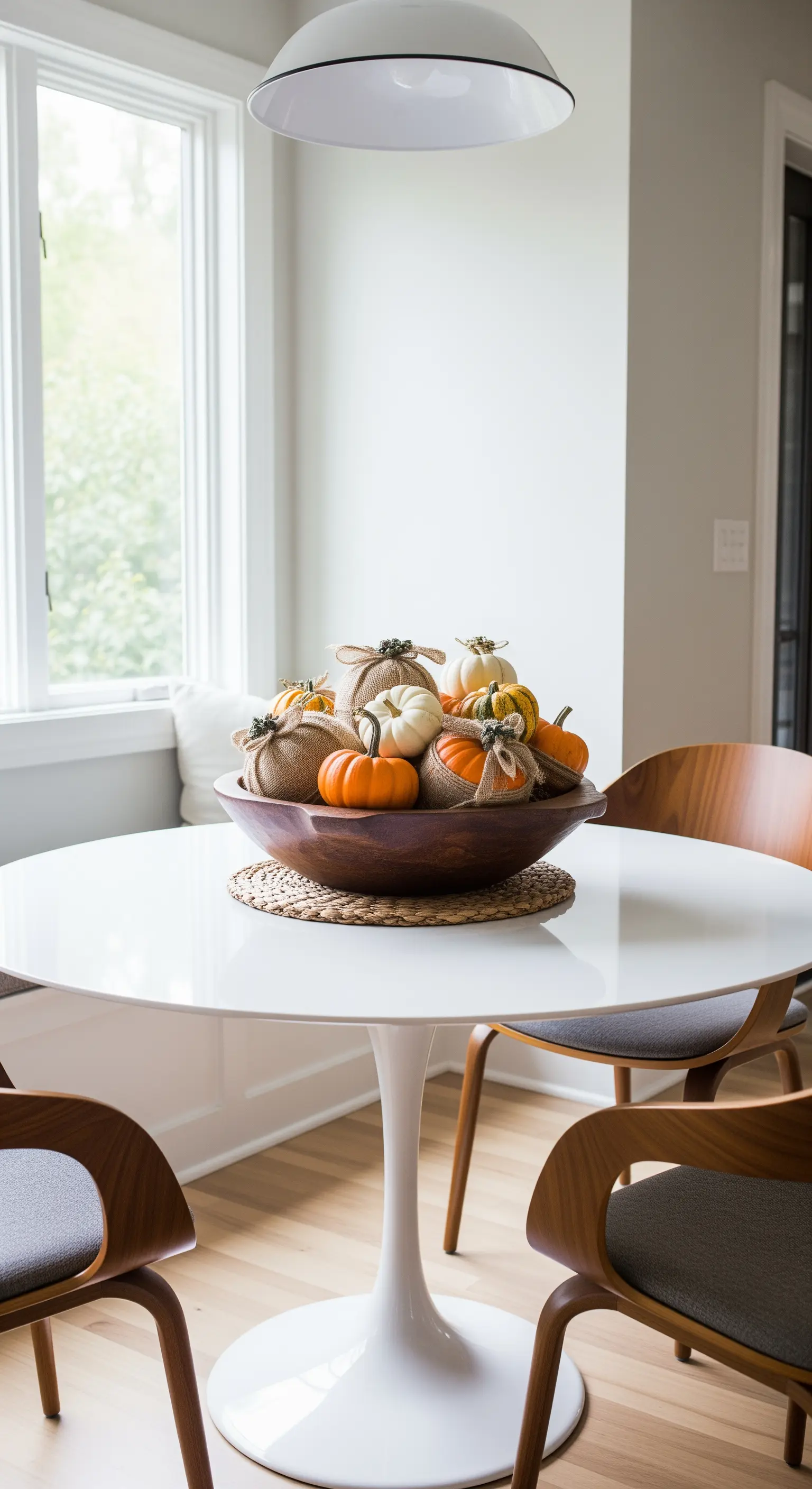 Esstisch mit Holzschale gefüllt mit Mini-Kürbissen und Jute-Elementen.