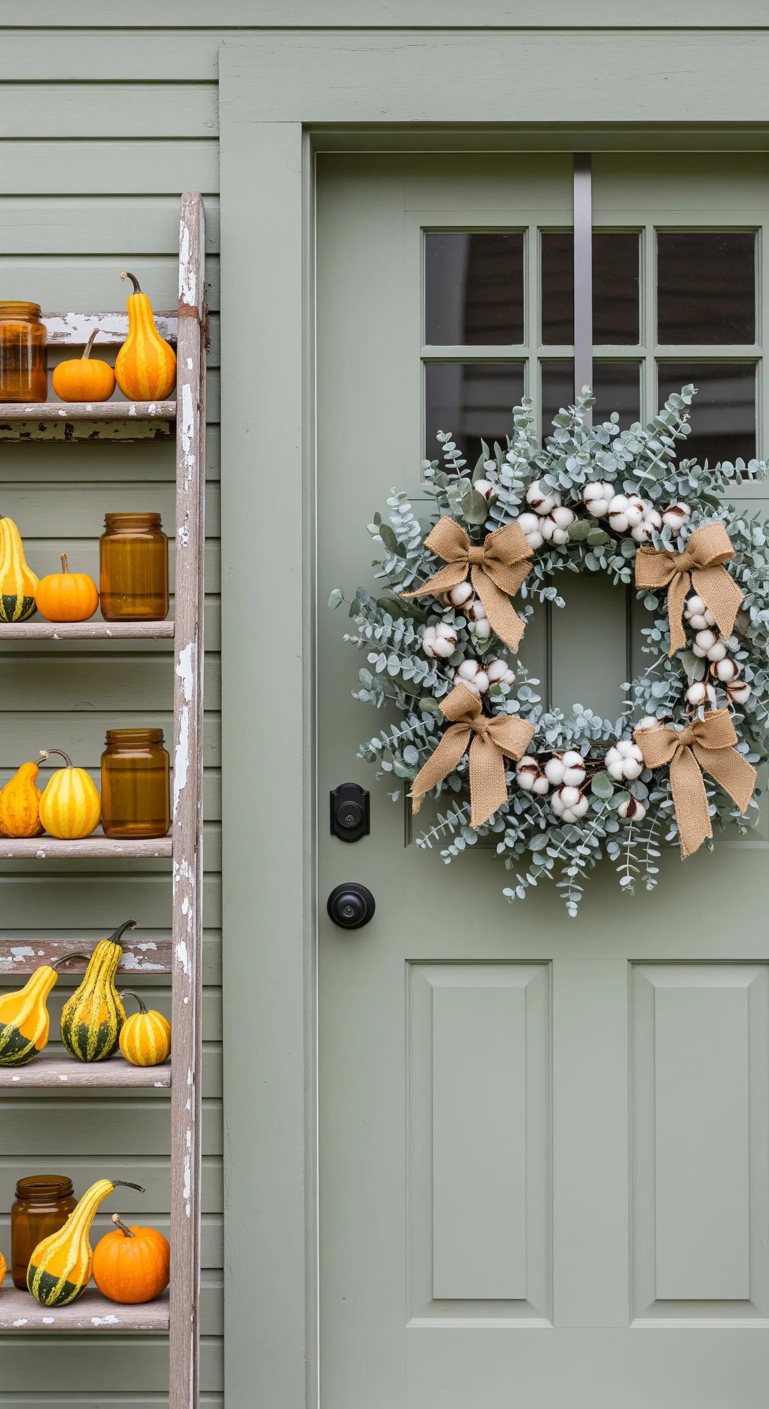 Eukalyptus- und Baumwollkranz mit Jute-Schleifen an salbeigrüner Tür, Leiter mit Kürbissen