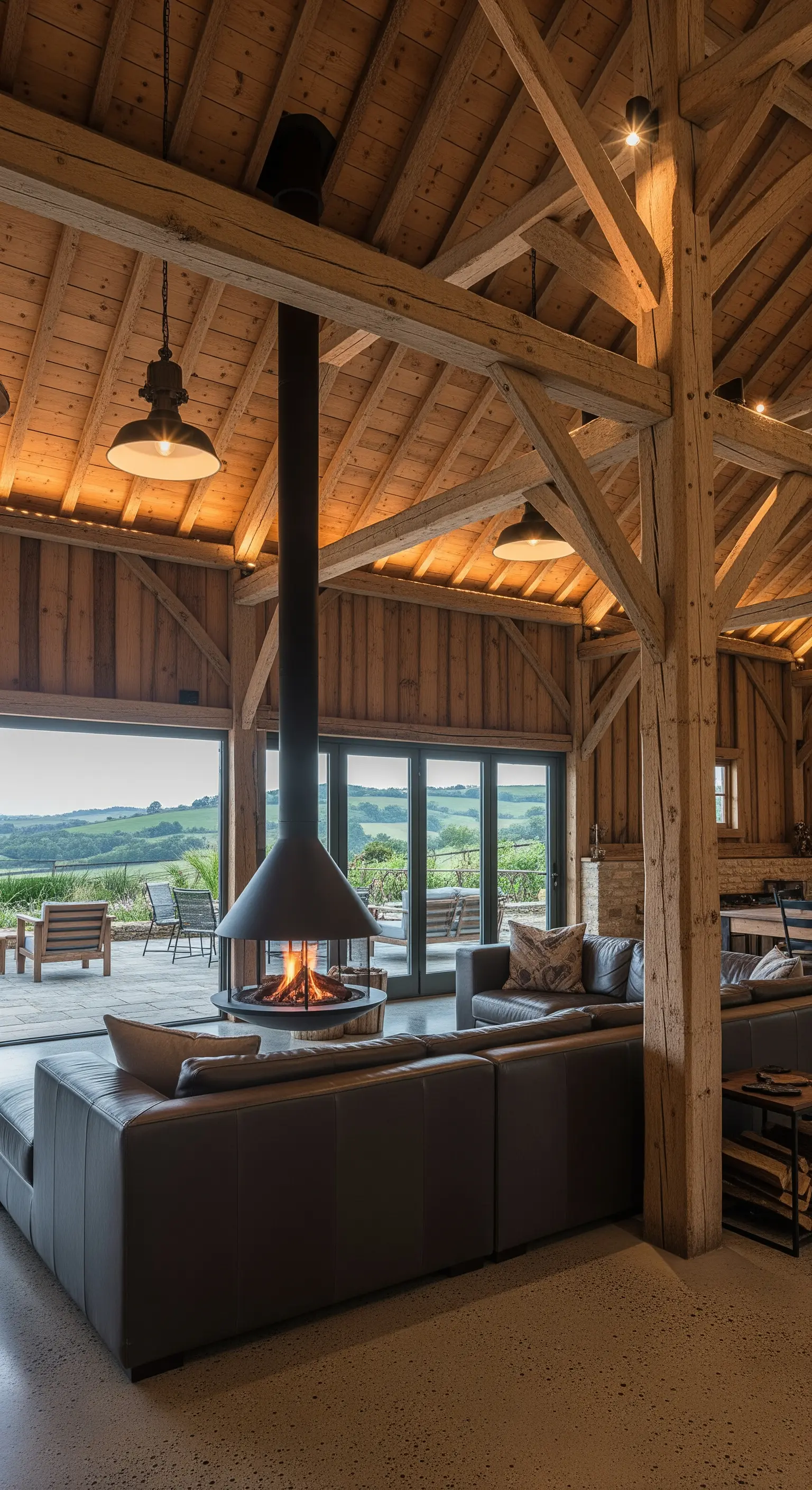 Offenes Wohnkonzept in einer Scheune mit Holzbalken und einem zentralen, hängenden Kamin.