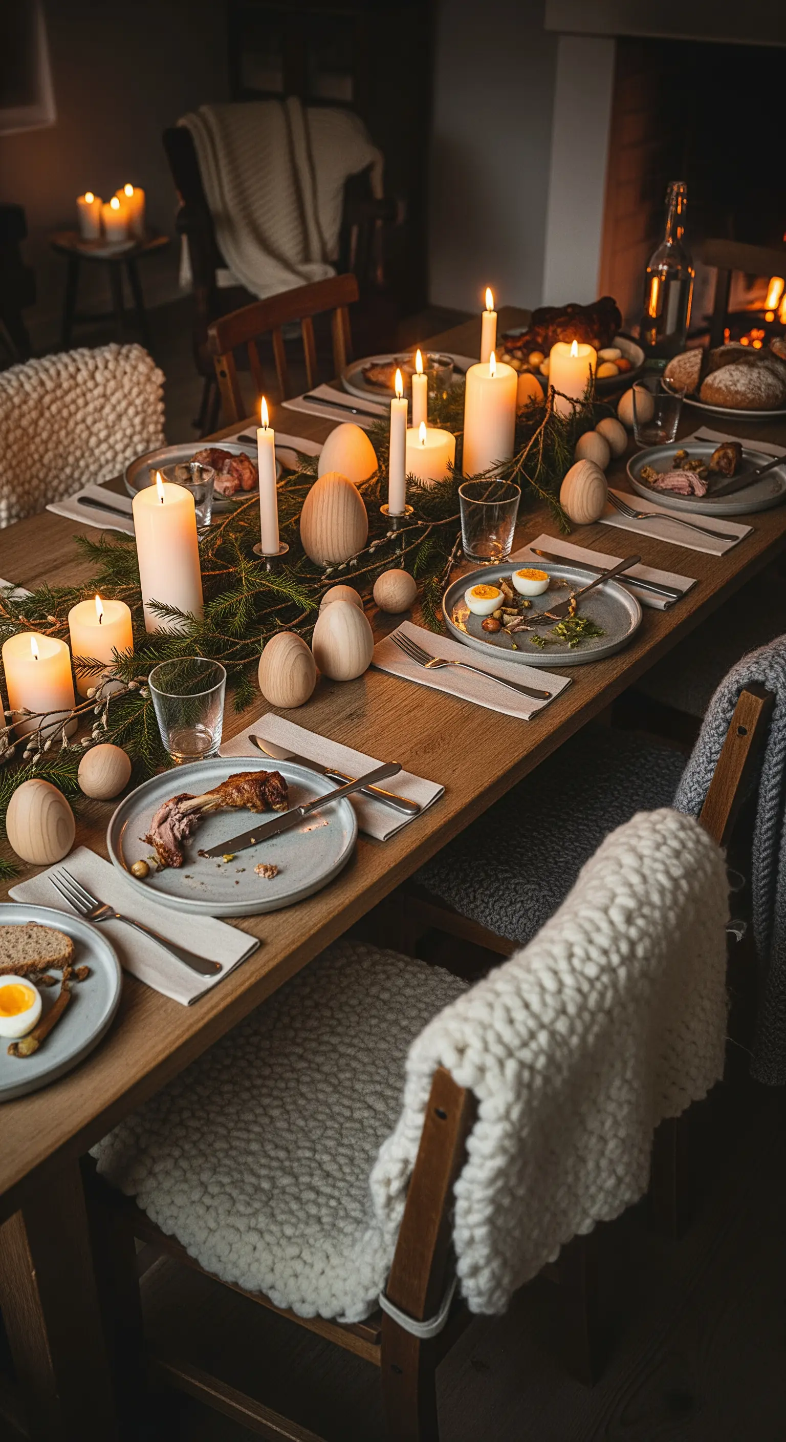 Rustikale Ostertafel mit Holzeiern, Tannenzweigen und warmem Kerzenschein