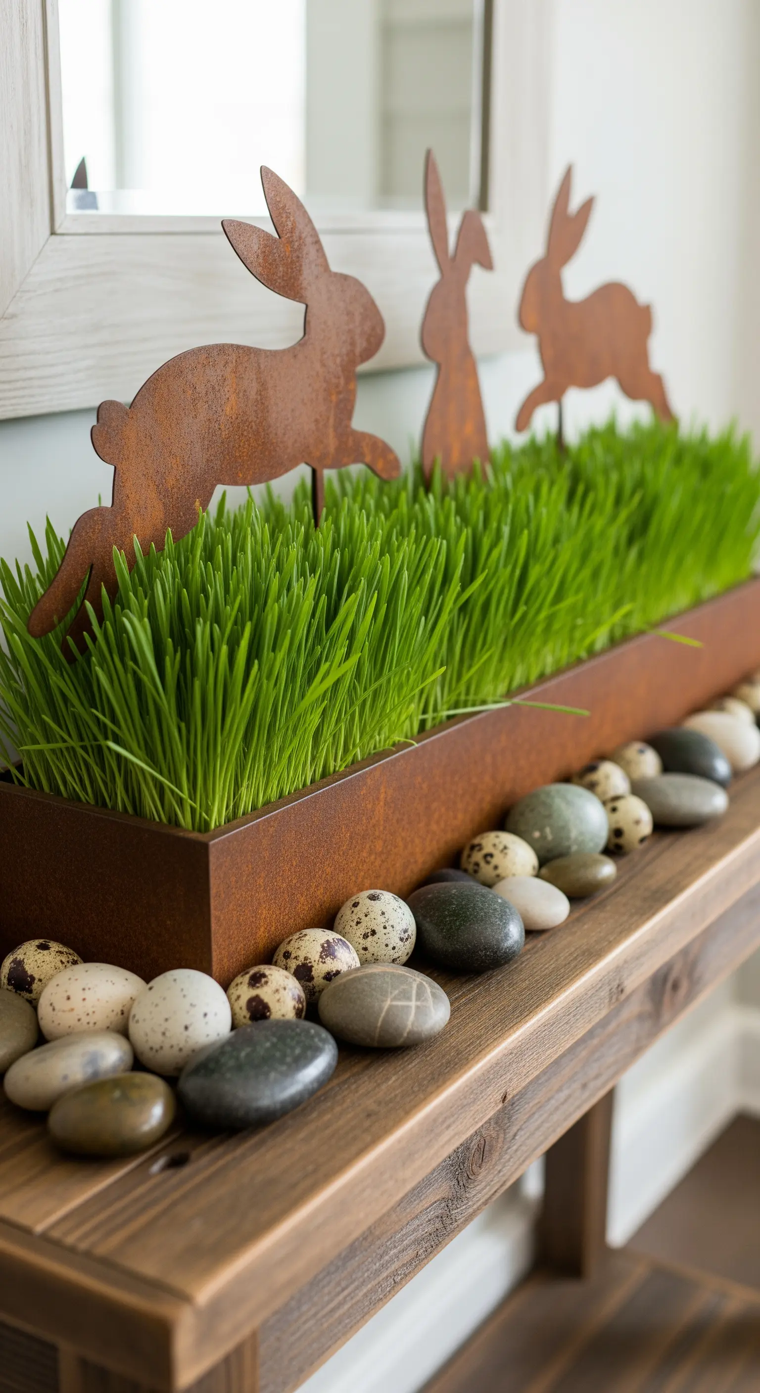 Rustikale Holzkonsole mit Weizengras, Rostmetallhasen, Kieselsteinen und Eiern