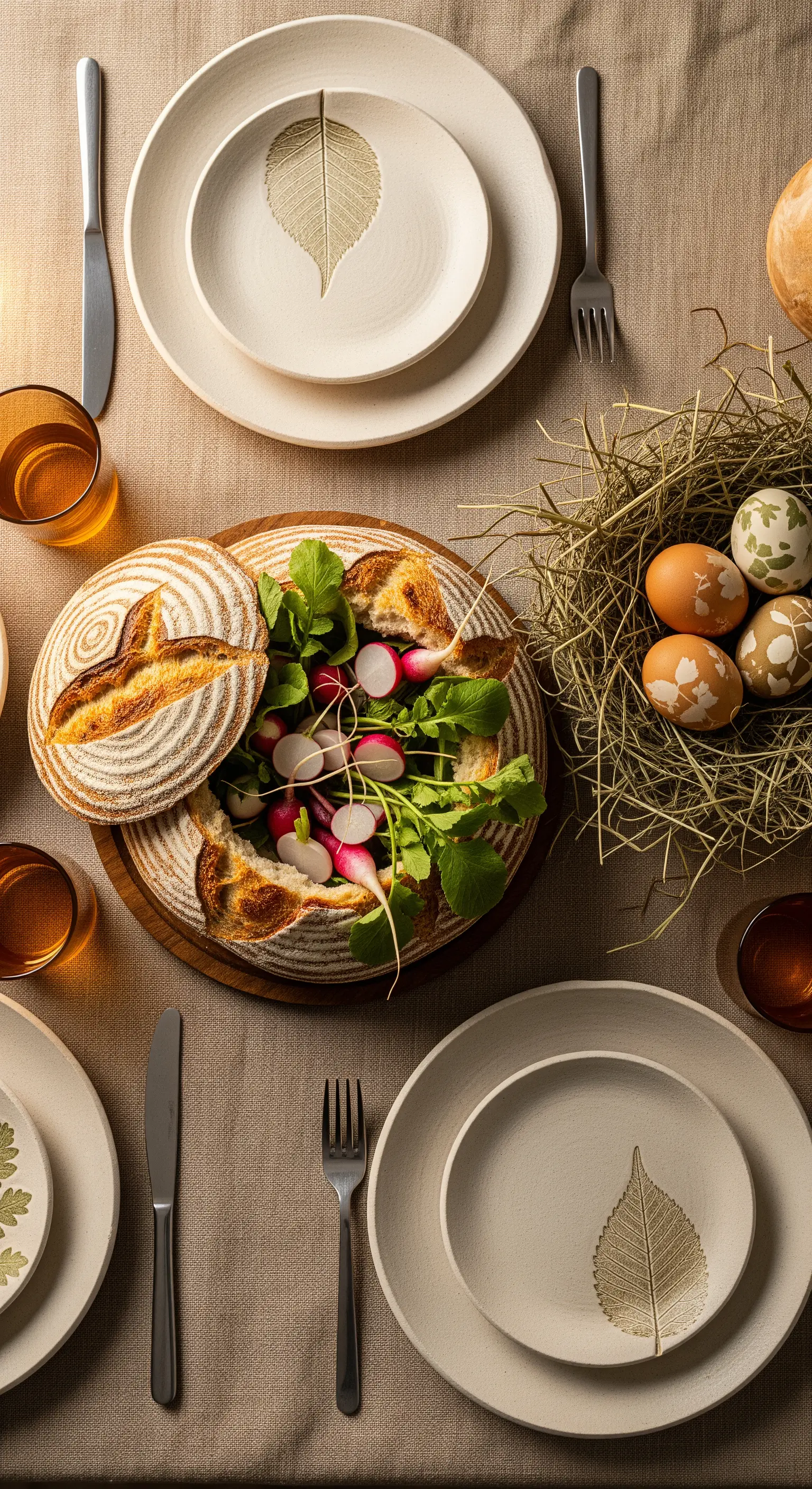 Ostertafel mit Keramikgeschirr, Brotlaib mit Salat und Nest mit Eiern