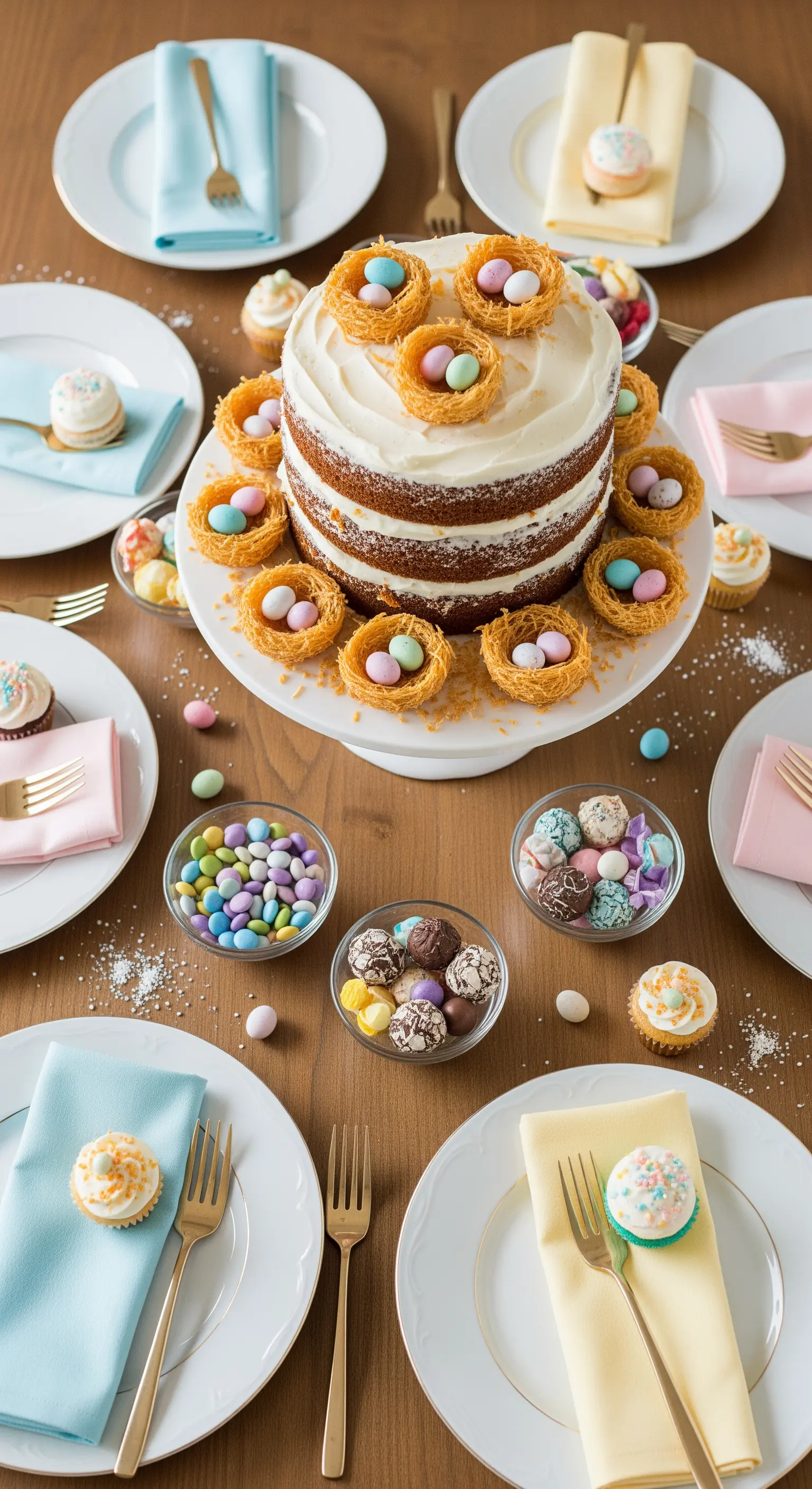 Oster-Torte mit Mini-Nestern und pastellfarbenen Süßigkeiten