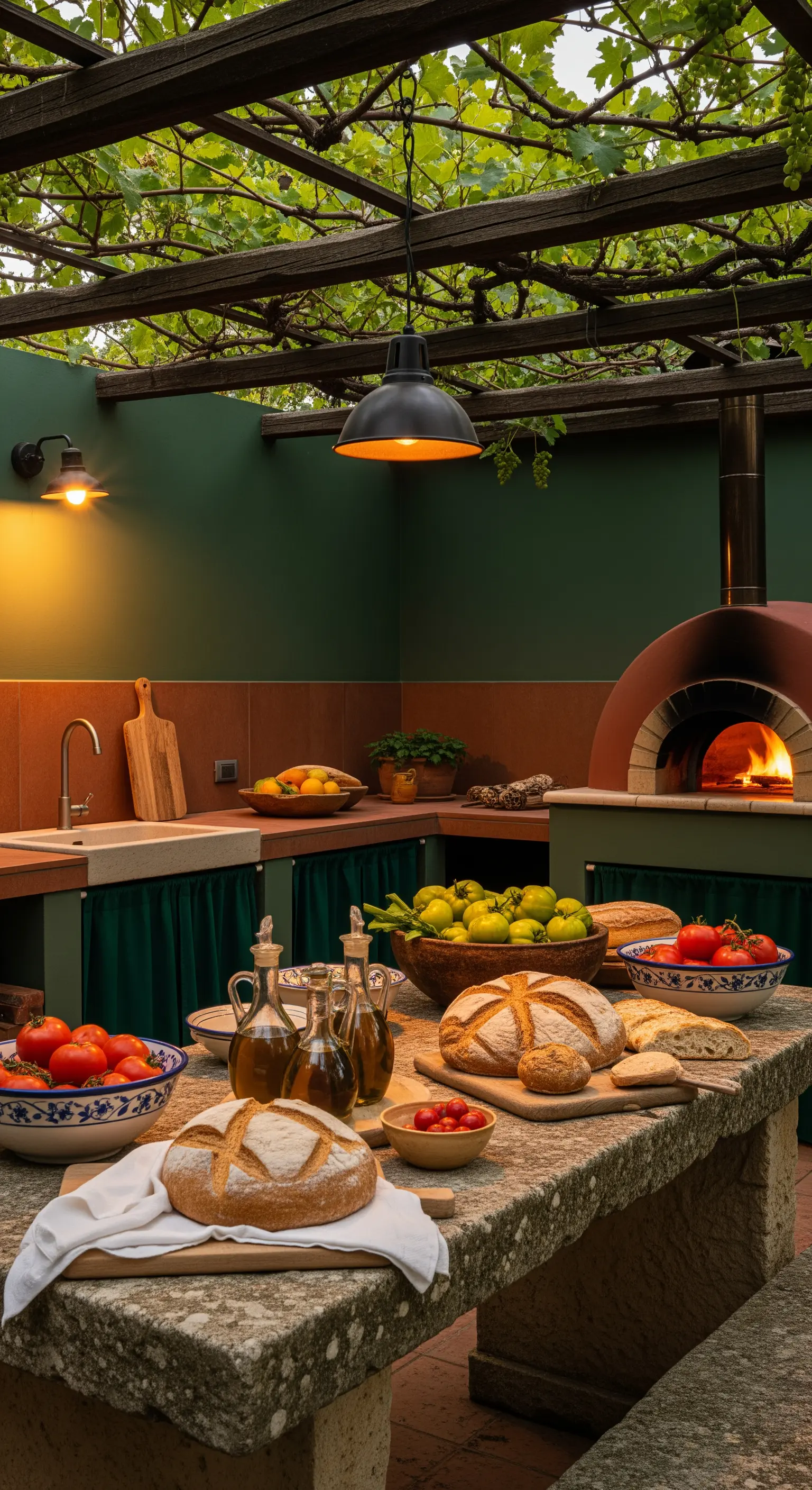 Rustikale Outdoorküche mit Pizzaofen, frischen Zutaten und Weinreben-Pergola