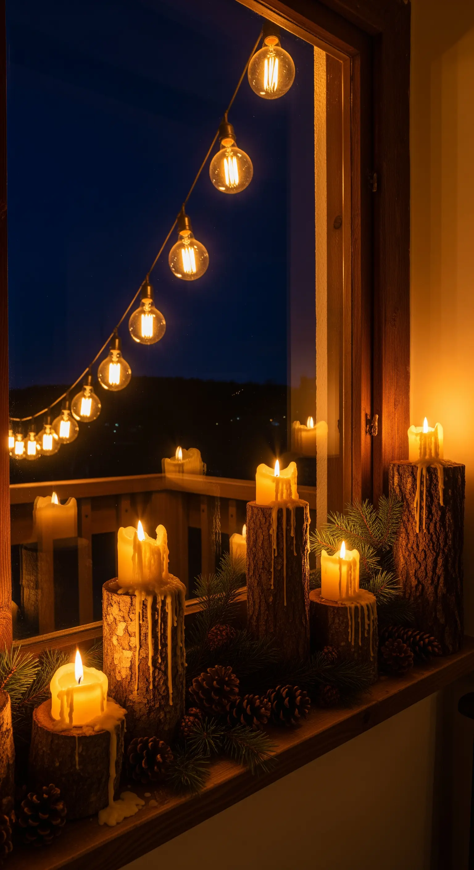 Fensterbank mit Holzscheiten, Kerzen, Tannenzweigen und einer Lichterkette mit großen Glühbirnen