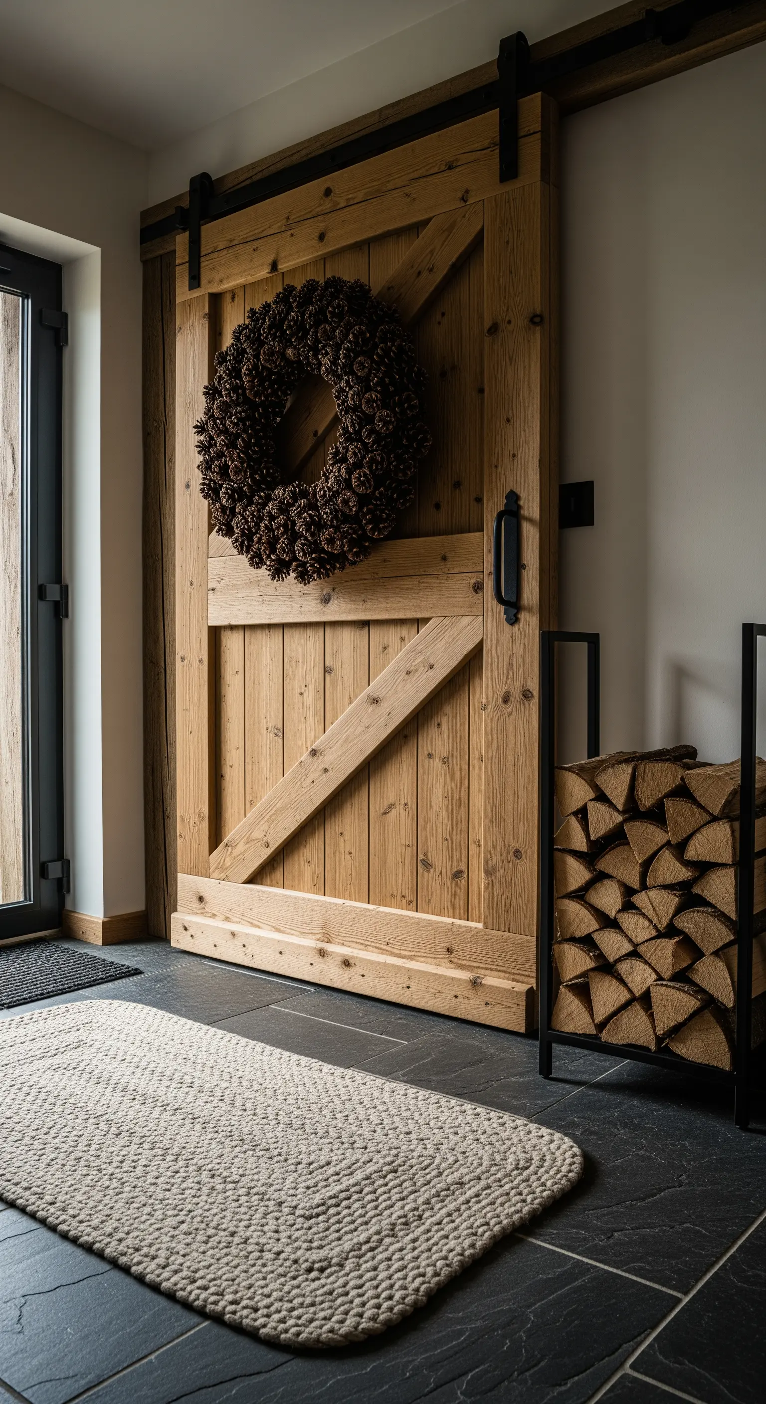 Rustikaler Flur mit Holzscheunentor, Kiefernzapfenkranz, Brennholzstapel und geflochtenem Teppich