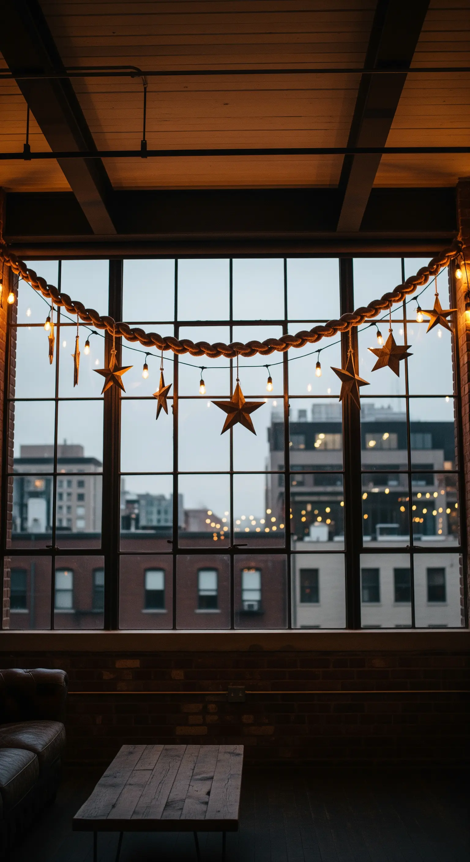 Rustikale Girlande mit Seilen, Edison-Birnen und Holzsternen an einer großen Fensterfront