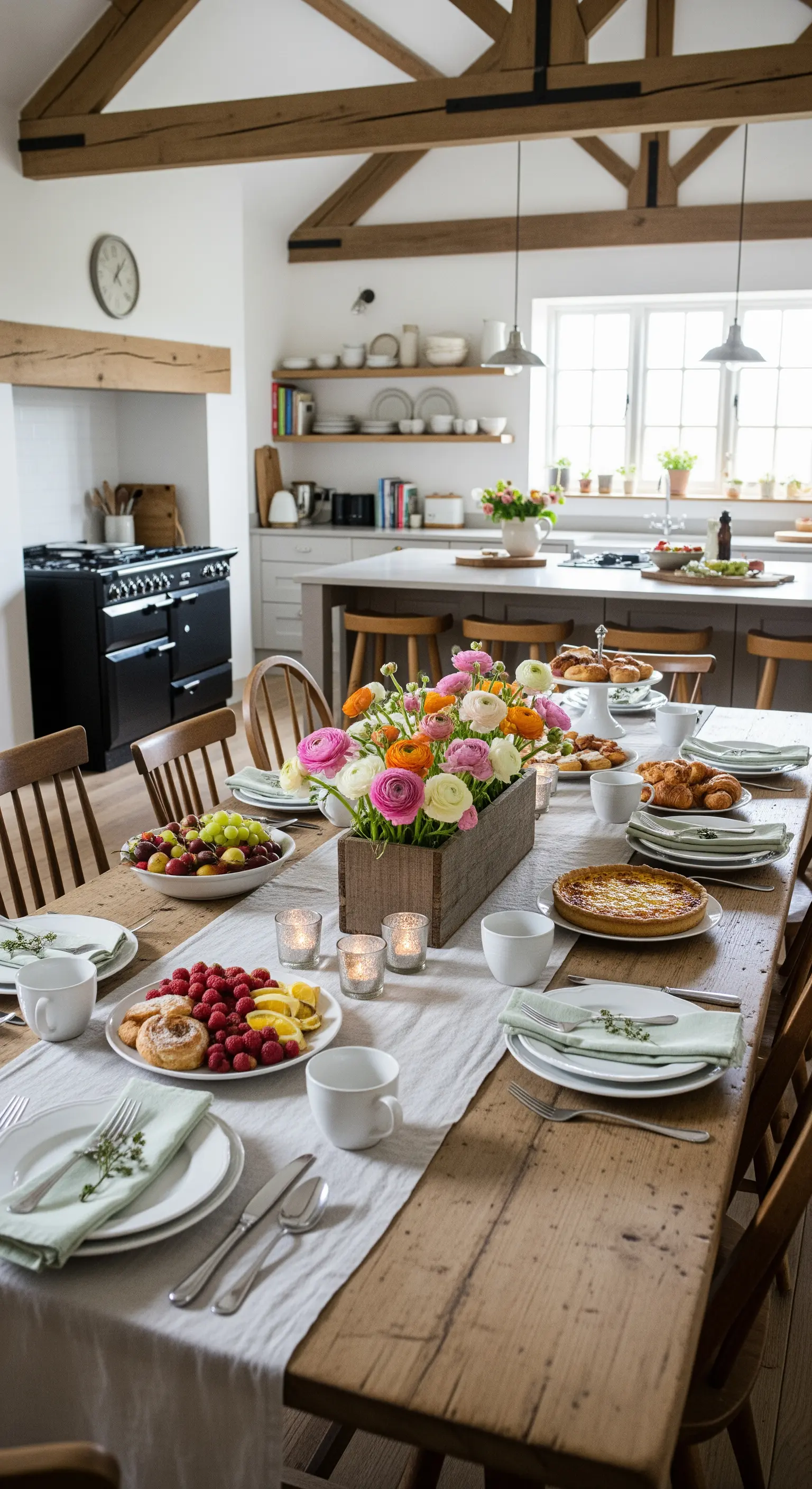 Üppige Frühlingsblumen in Holzbox auf rustikal gedecktem Esstisch