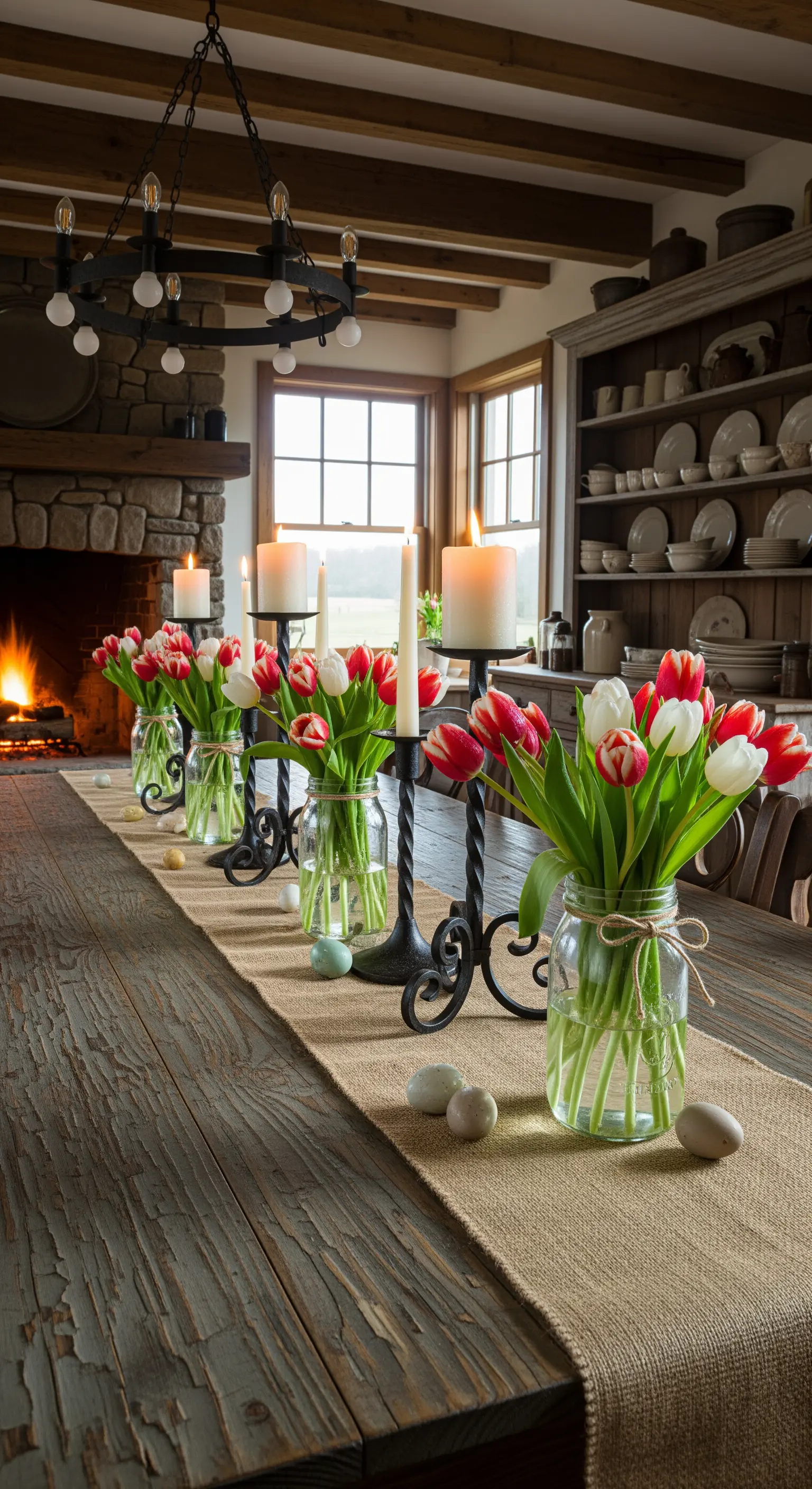 Rustikale Tafel mit Tulpen in Einmachgläsern, schmiedeeiserne Kerzenständer und Ostereier