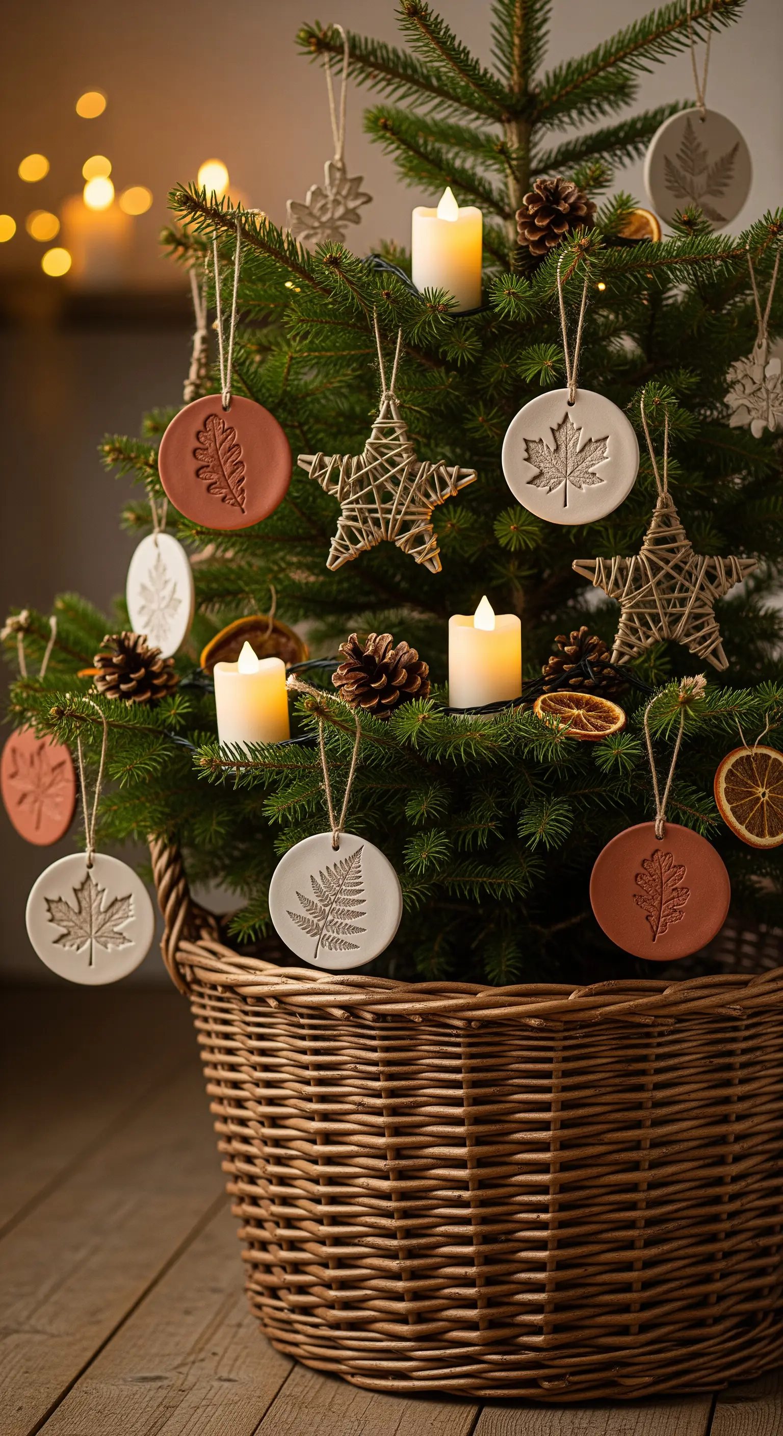 Weihnachtsbaum mit Terrakotta-Plättchen, Kiefernzapfen, LED-Teelichtern im geflochtenen Korb.