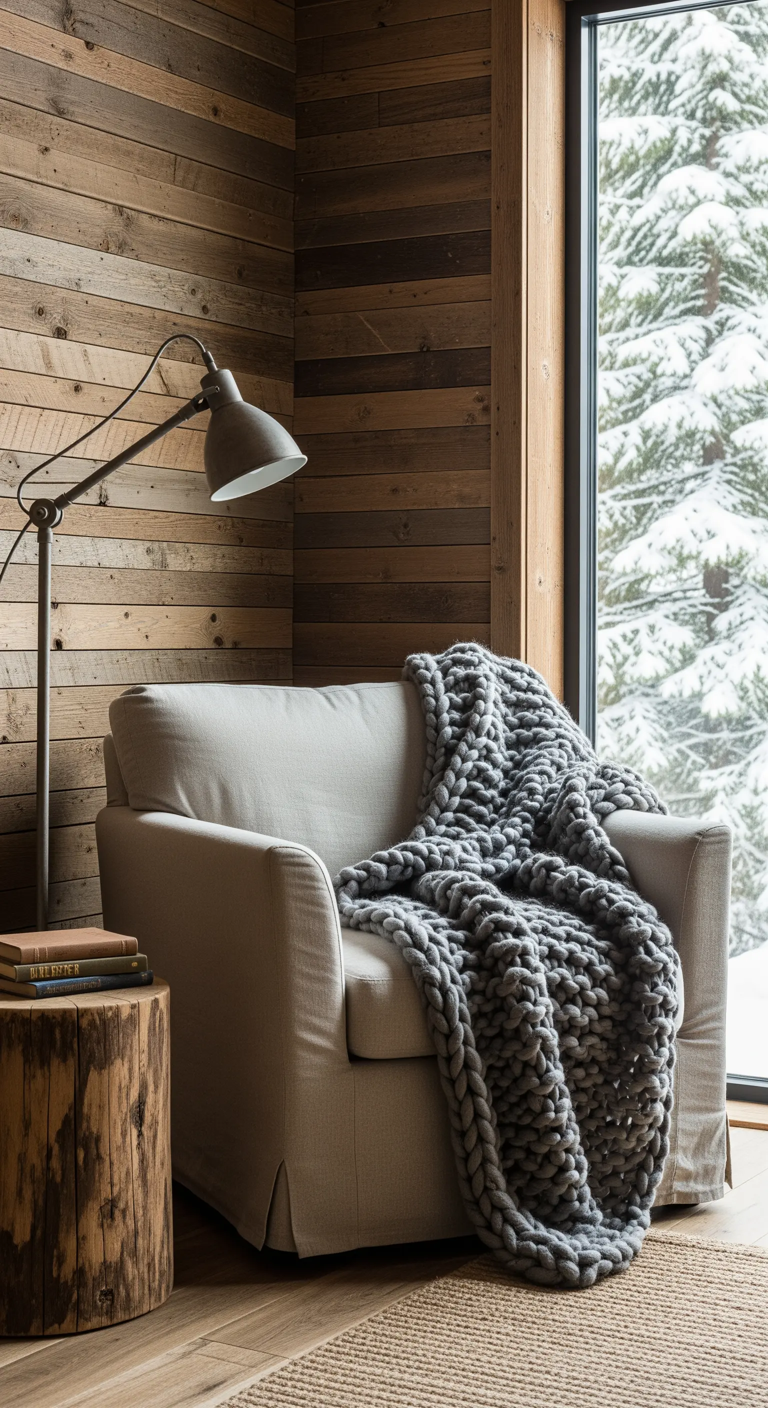 Moderner Sessel mit XXL-Strickdecke und Holzstumpf-Beistelltisch vor einem verschneiten Fenster.