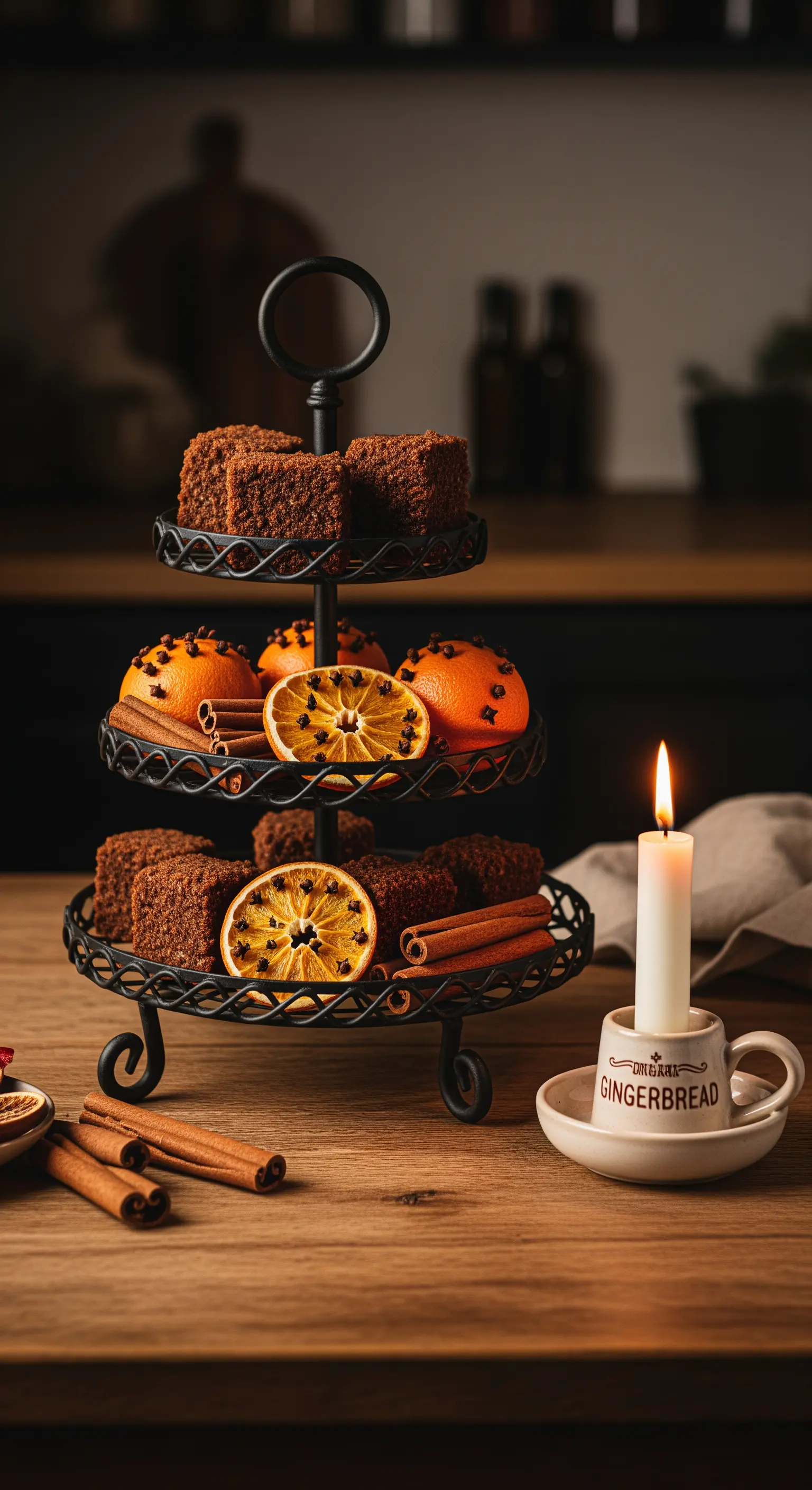 Schwarze Schmiedeeisen-Etagere mit Lebkuchen und Orangen mit Nelken.