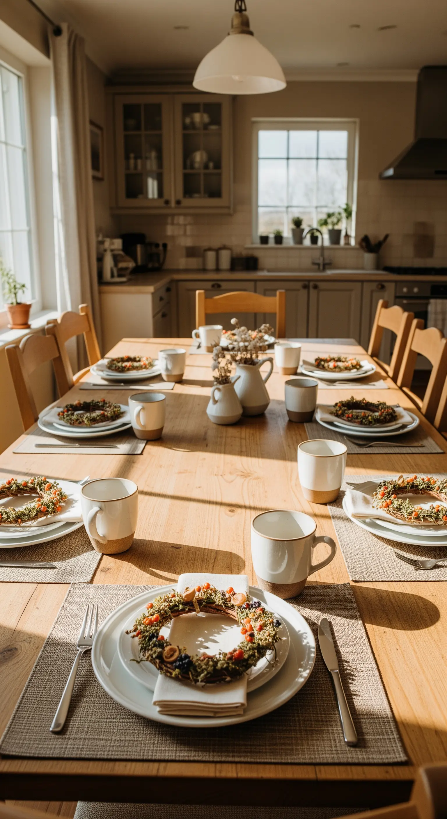 Weihnachtliche Tischdeko mit naturfarbenen Kränzen als Unterteller und beigen Tassen