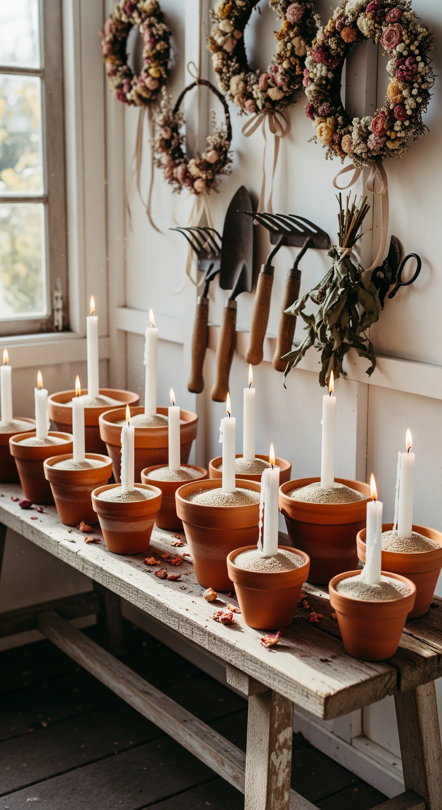 Holzbank mit Terracotta-Töpfen, gefüllt mit Sand und weißen Stabkerzen