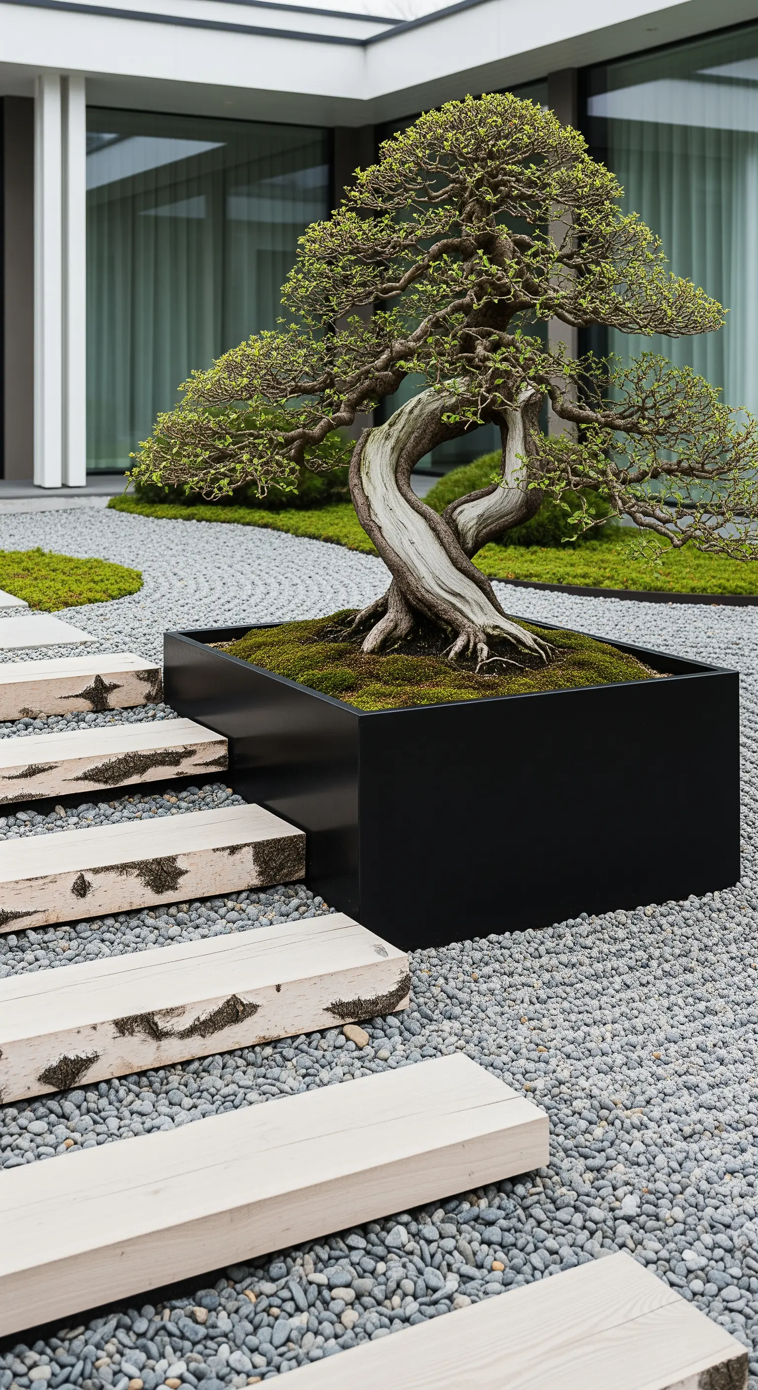 Japandi-Eingang mit rustikalen Holztrittbrettern, Kies und Bonsai in schwarzem Würfel