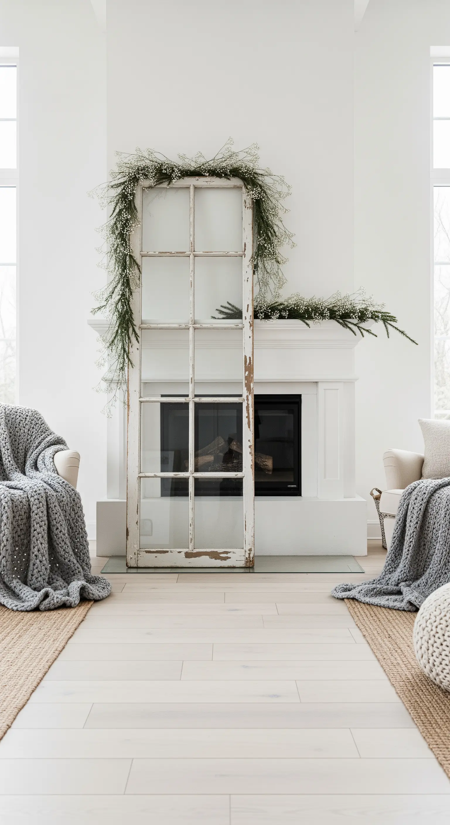 Vintage-Tür mit Girlande vor weißem Kamin