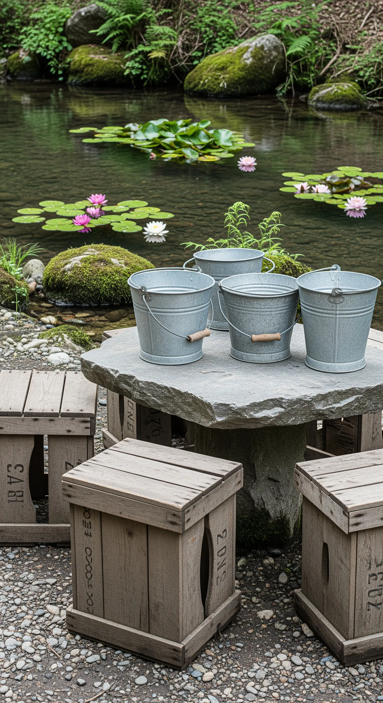 Steintisch mit Zinkeimern und Holzhockern am Teichufer