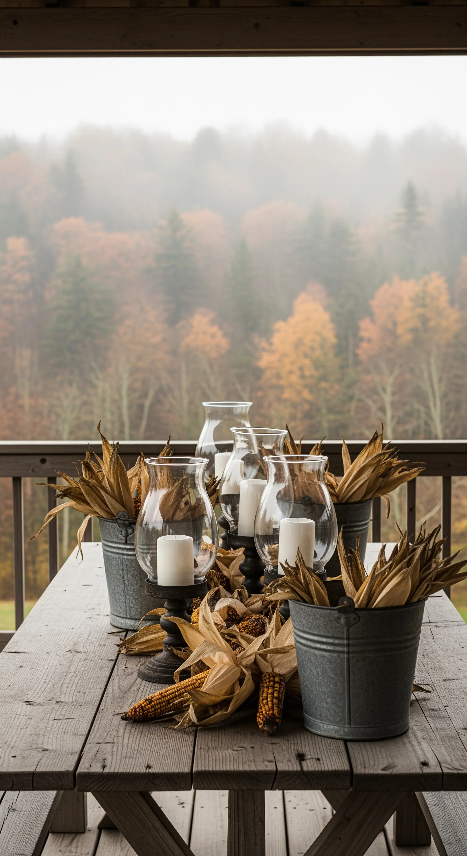 Maiskolben, Zinkeimer mit Kerzen in Glasvasen auf rustikalem Holztisch für herbstliche Veranda-Deko.