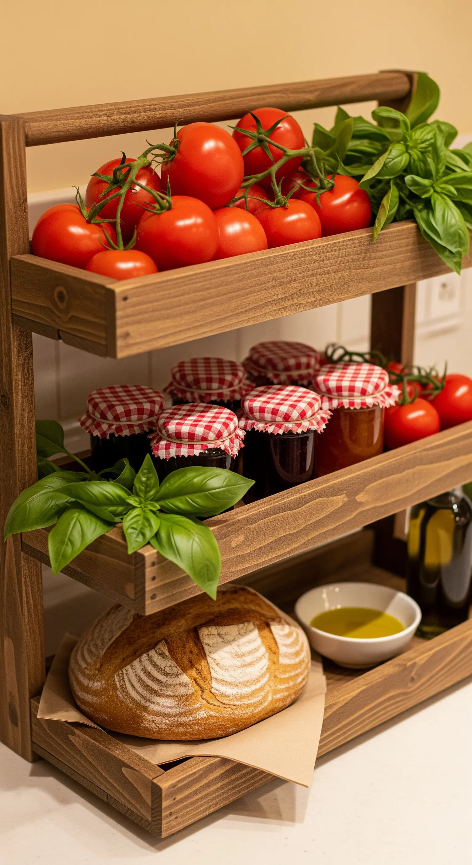 Holz-Etagere als Mini-Vorratskammer mit Tomaten, Marmelade und frischem Brot