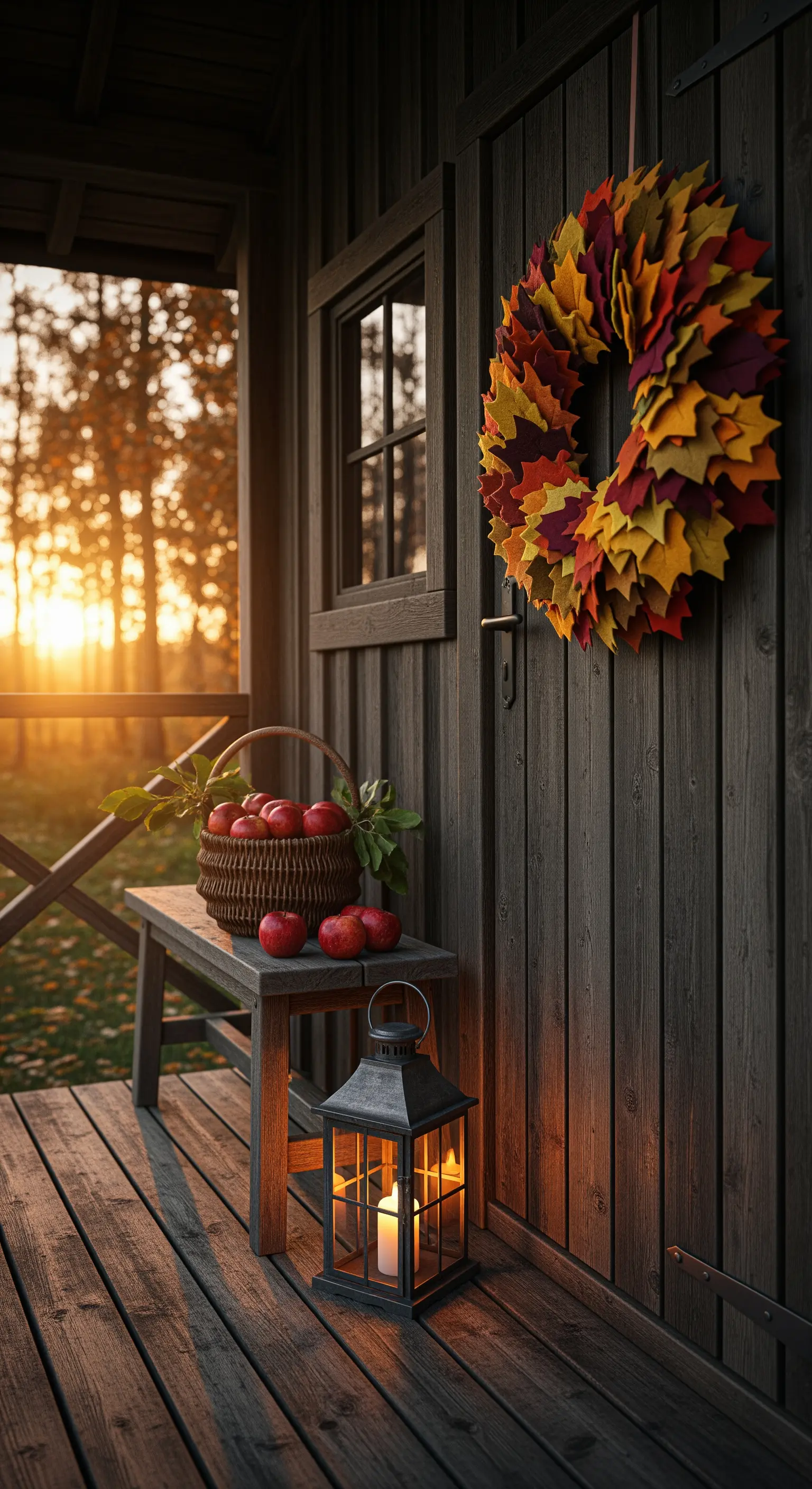 Blätterkranz in Herbstfarben an Holztür, Laterne und Apfelkorb auf Holzbank