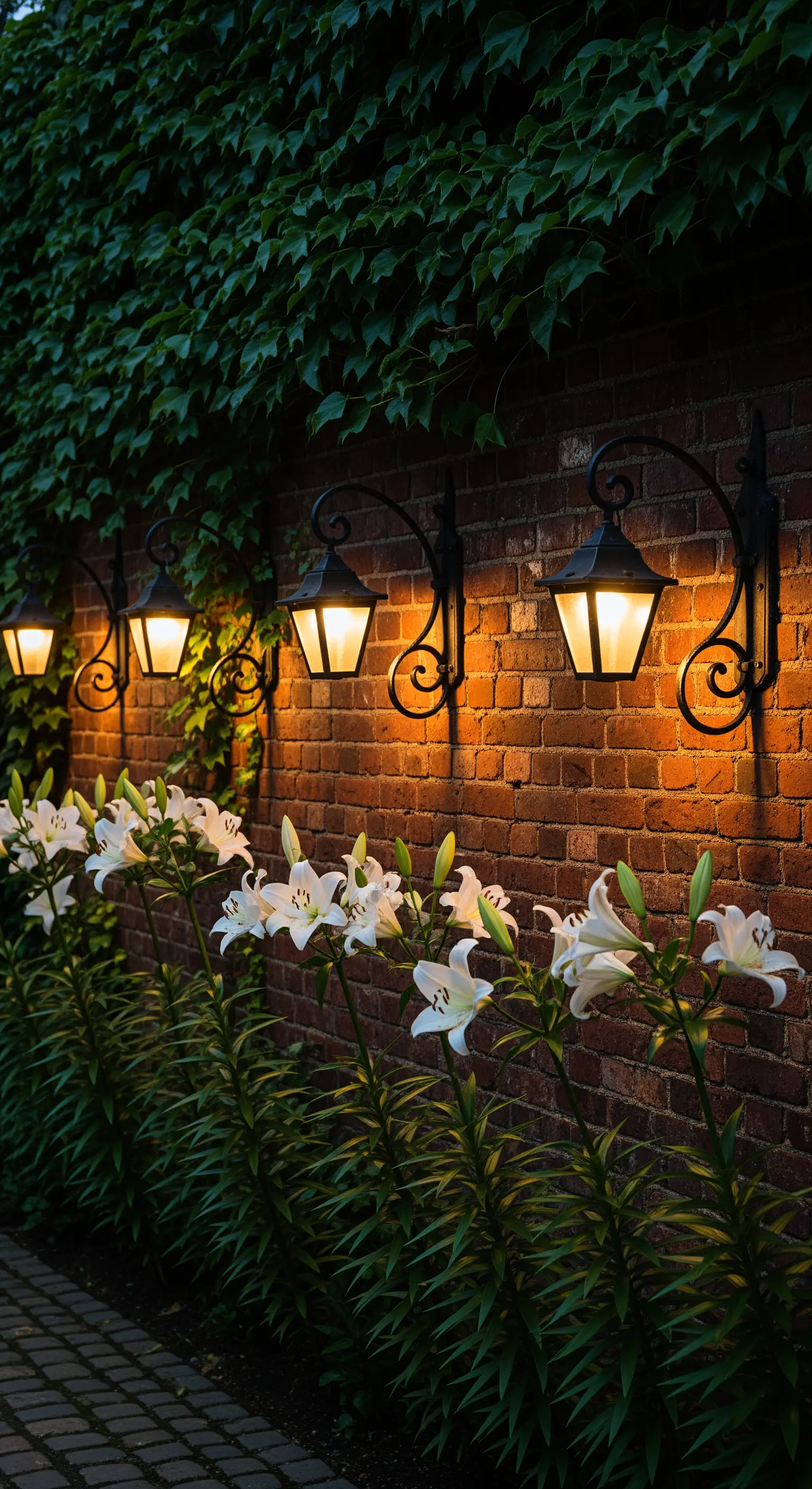 Ziegelwand mit Wandlaternen und einer Reihe weißer Lilien.
