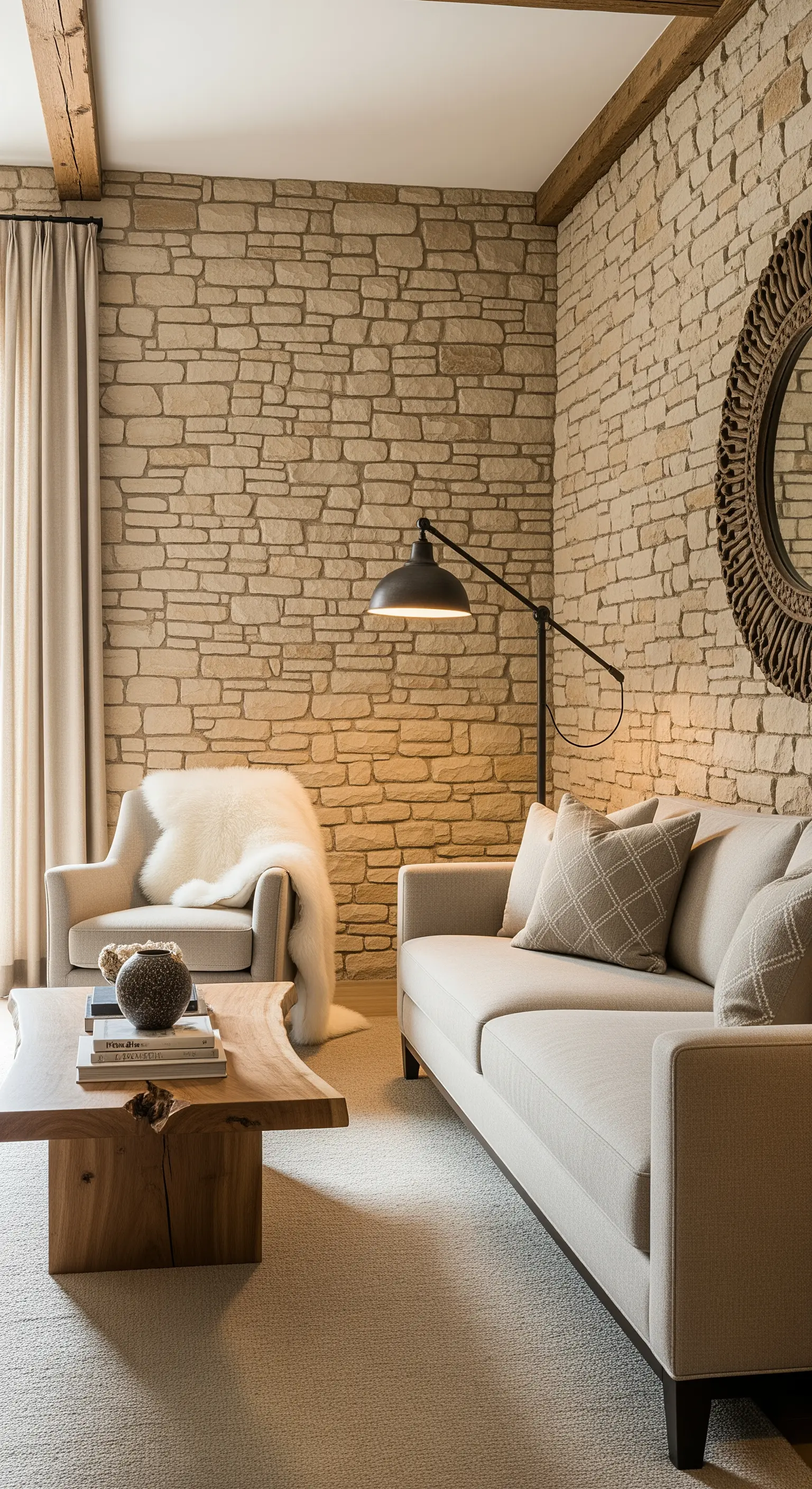 Rustikales Wohnzimmer mit Natursteinwand, Holzbalken und modernem Sofa.