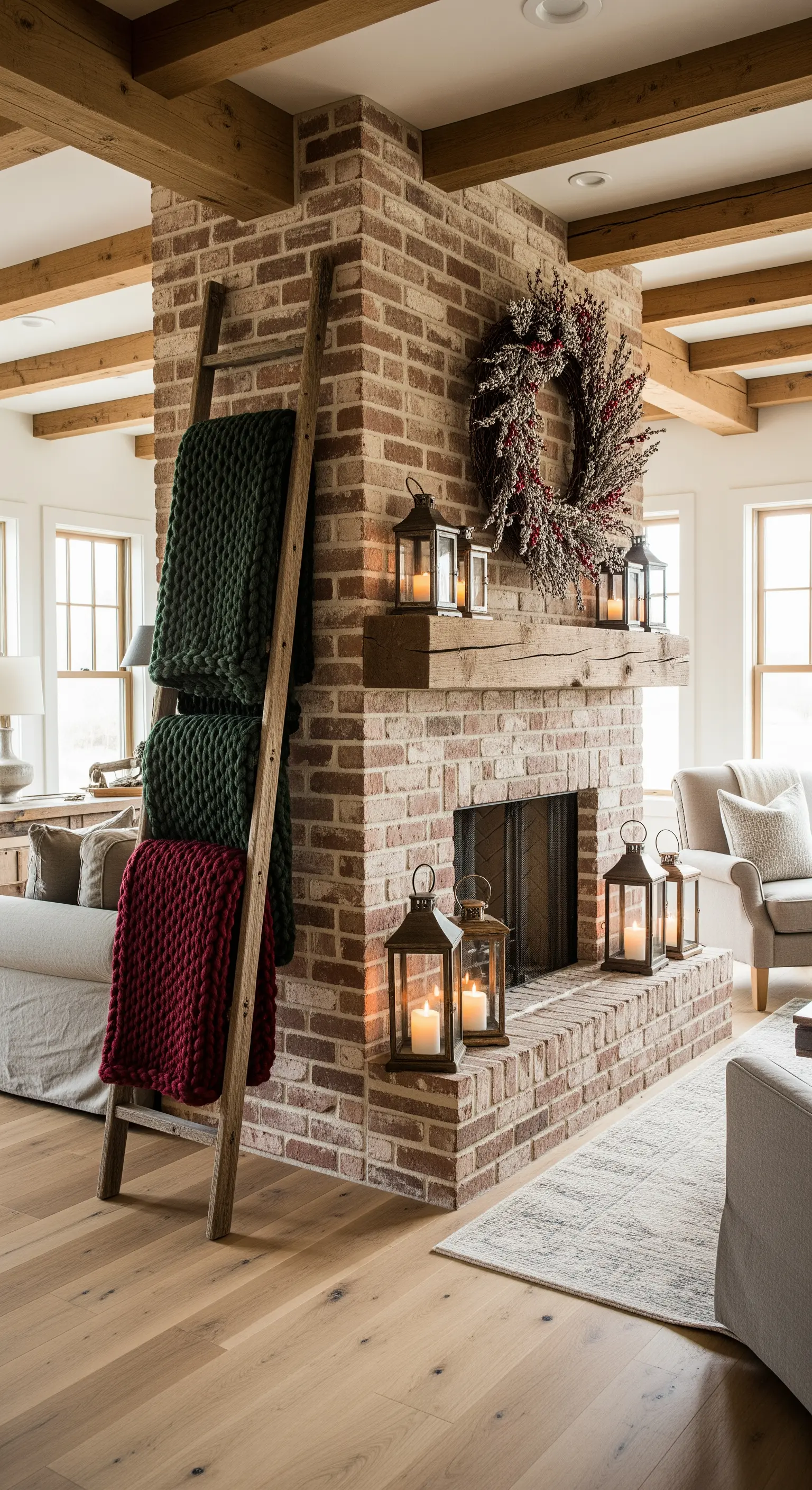 Deckenleiter, Laternen und Beerenkranz am Ziegelkamin