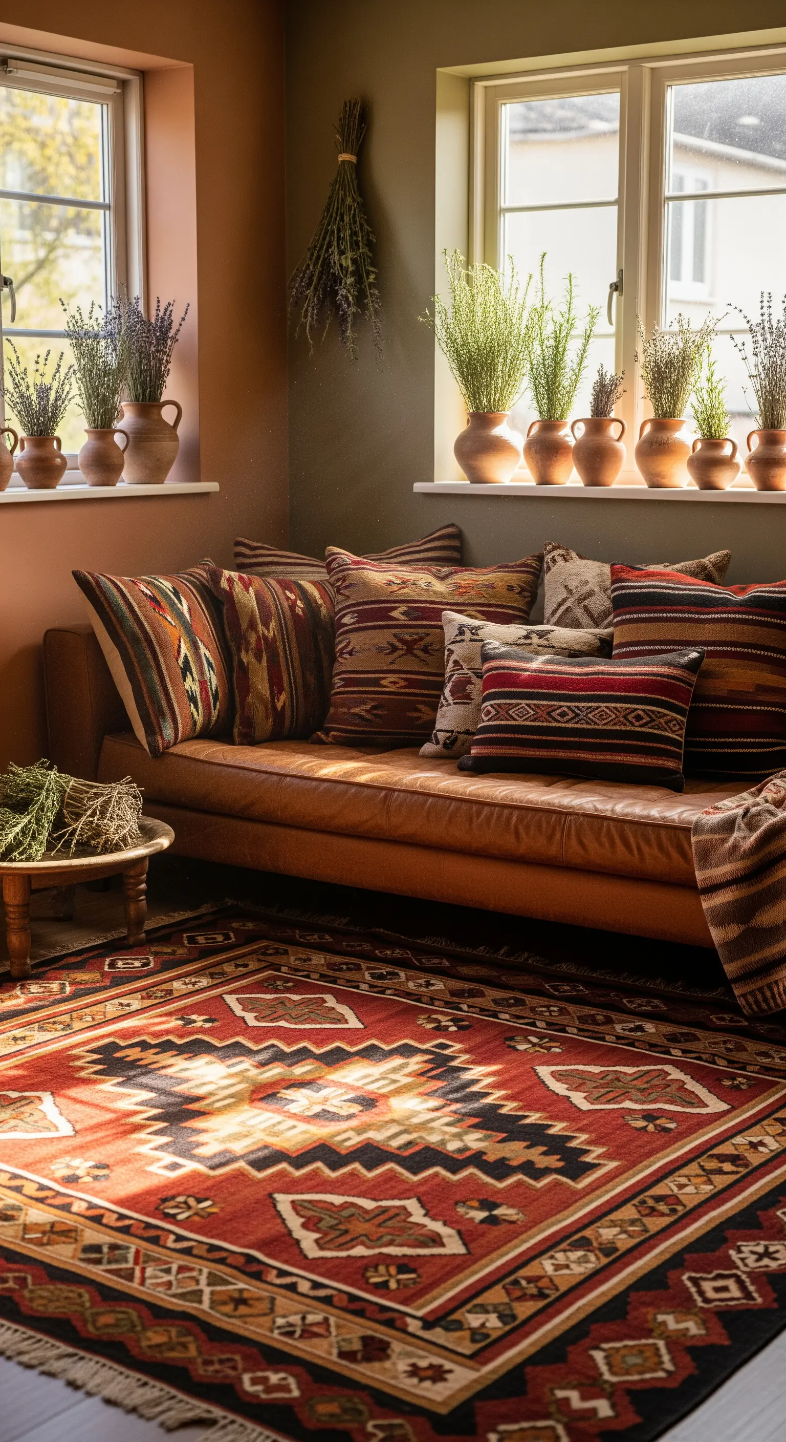Braunes Ledersofa mit Ethno-Kissen, Teppich und Kräutern.