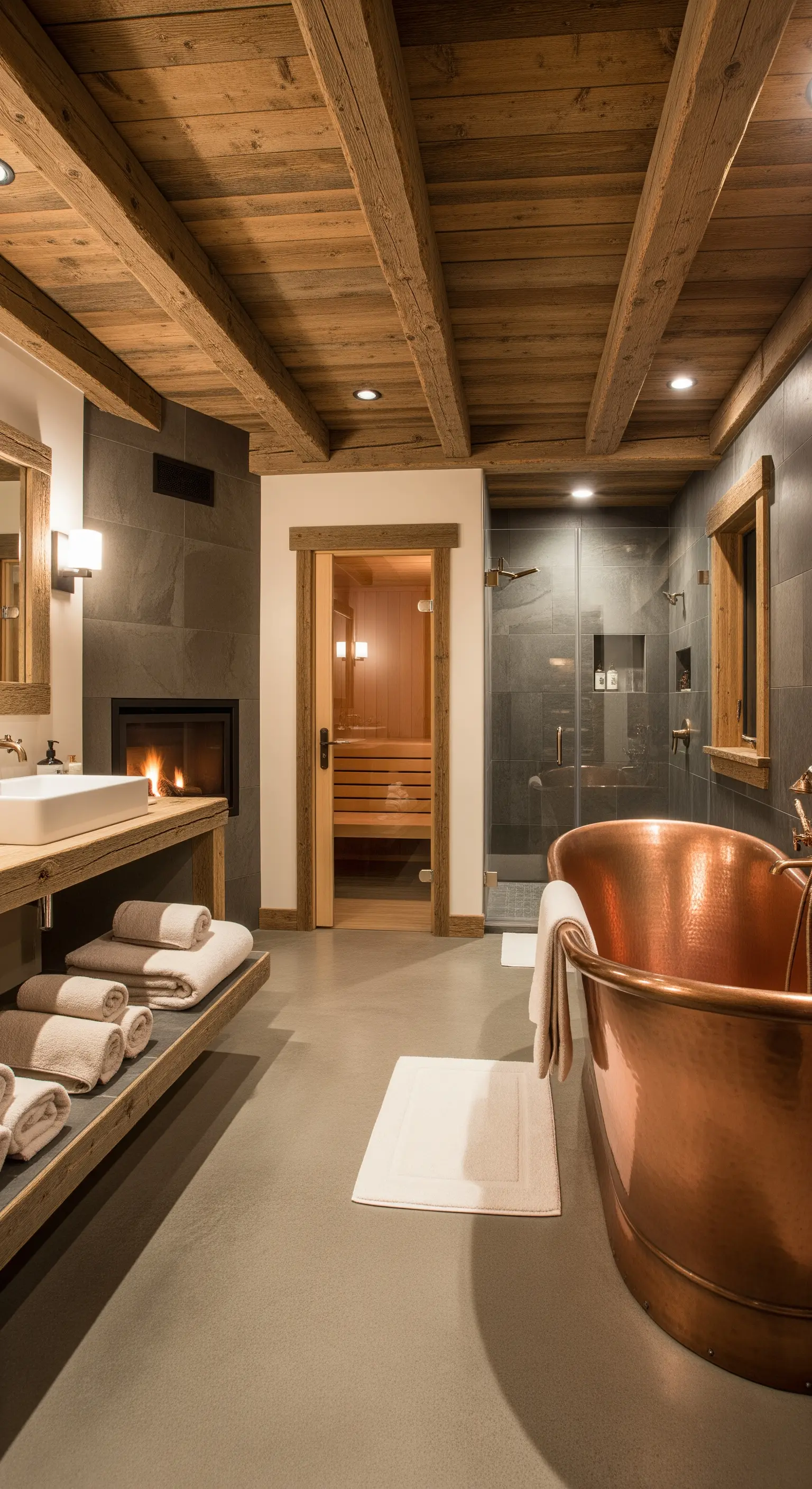 Rustikales Badezimmer mit Holzbalken, Kamin und einer freistehenden Kupferbadewanne.