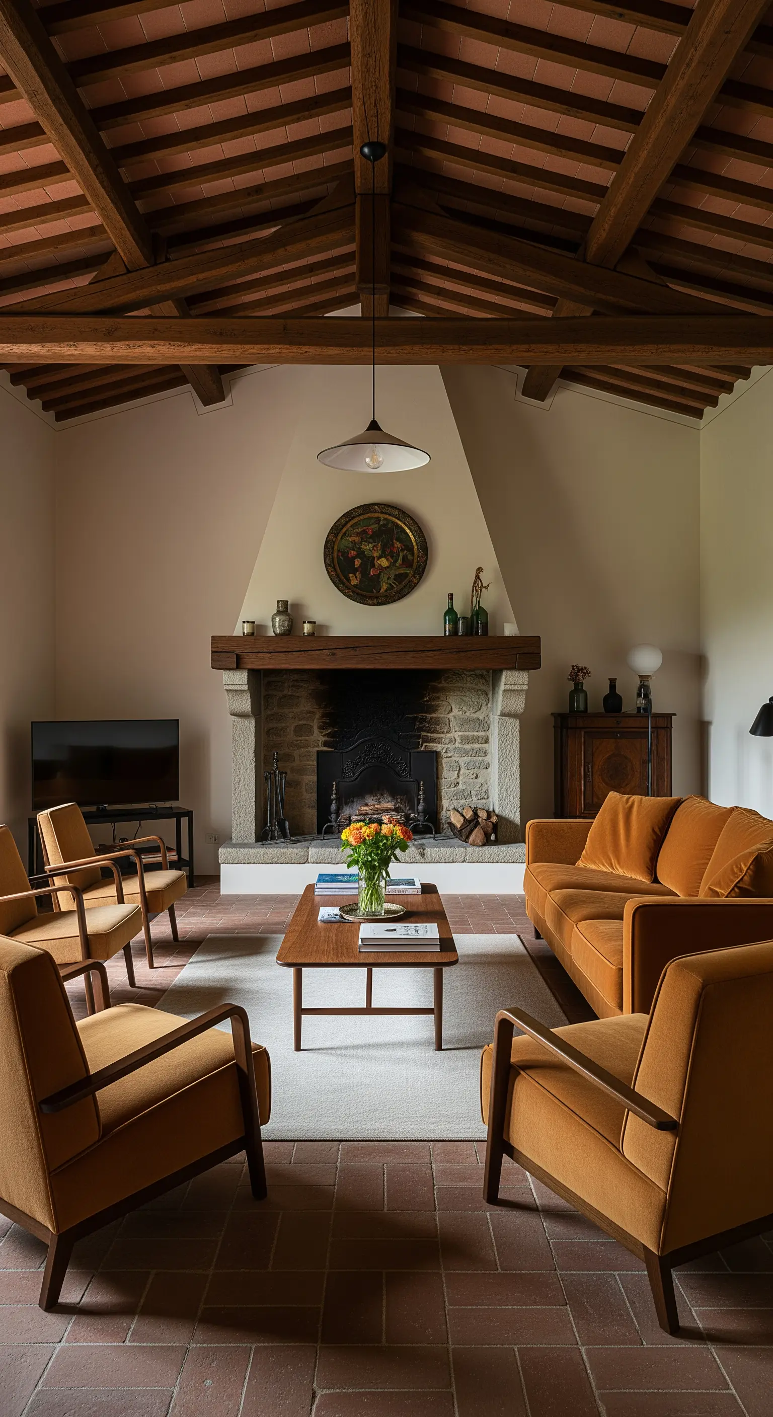 Rustikales Wohnzimmer mit Holzbalkendecke, Terrakottaboden und einem senfgelben Samtsofa.