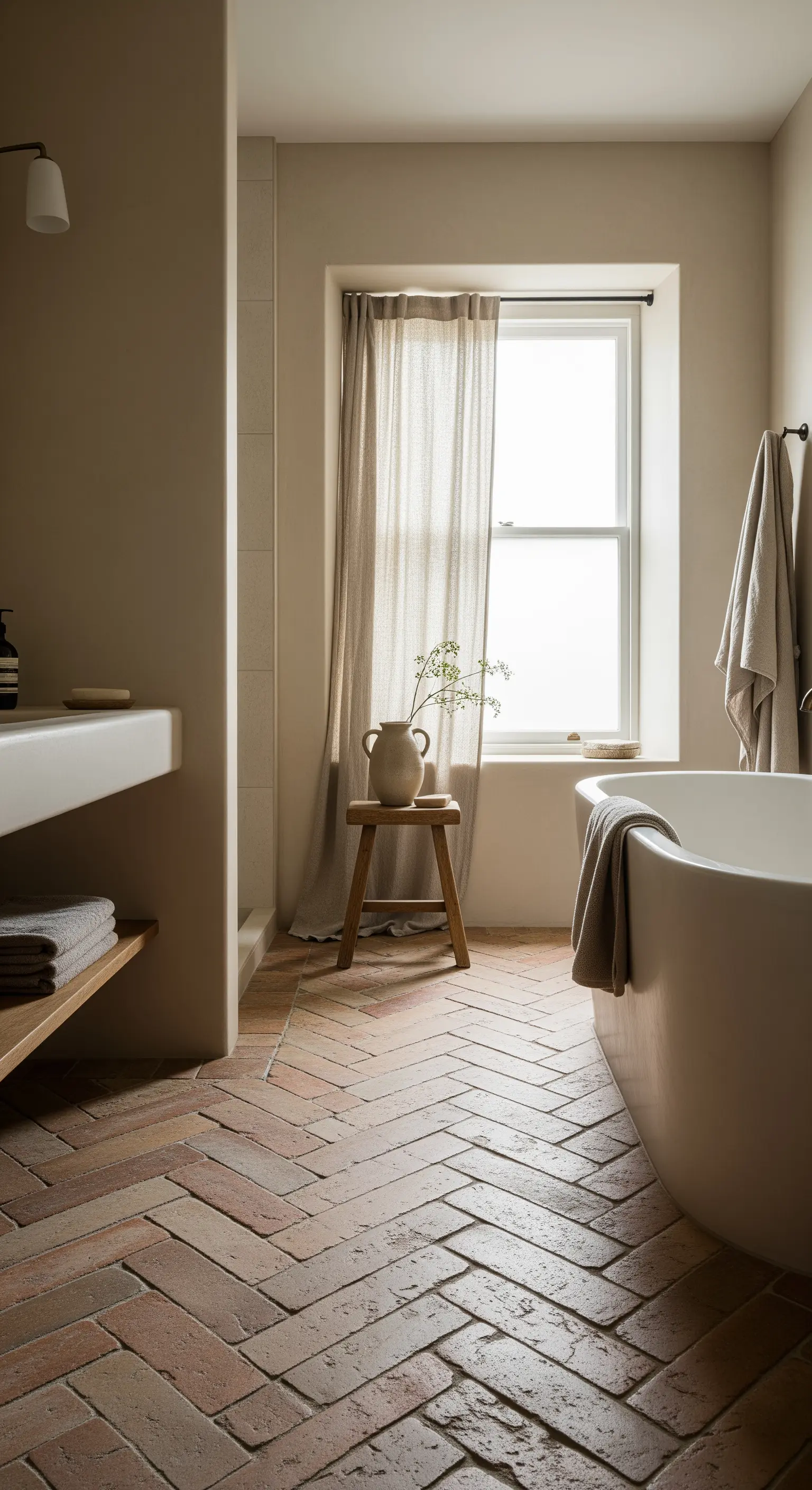 Badezimmerboden mit Terrakotta-Ziegelfliesen im Fischgrätmuster.