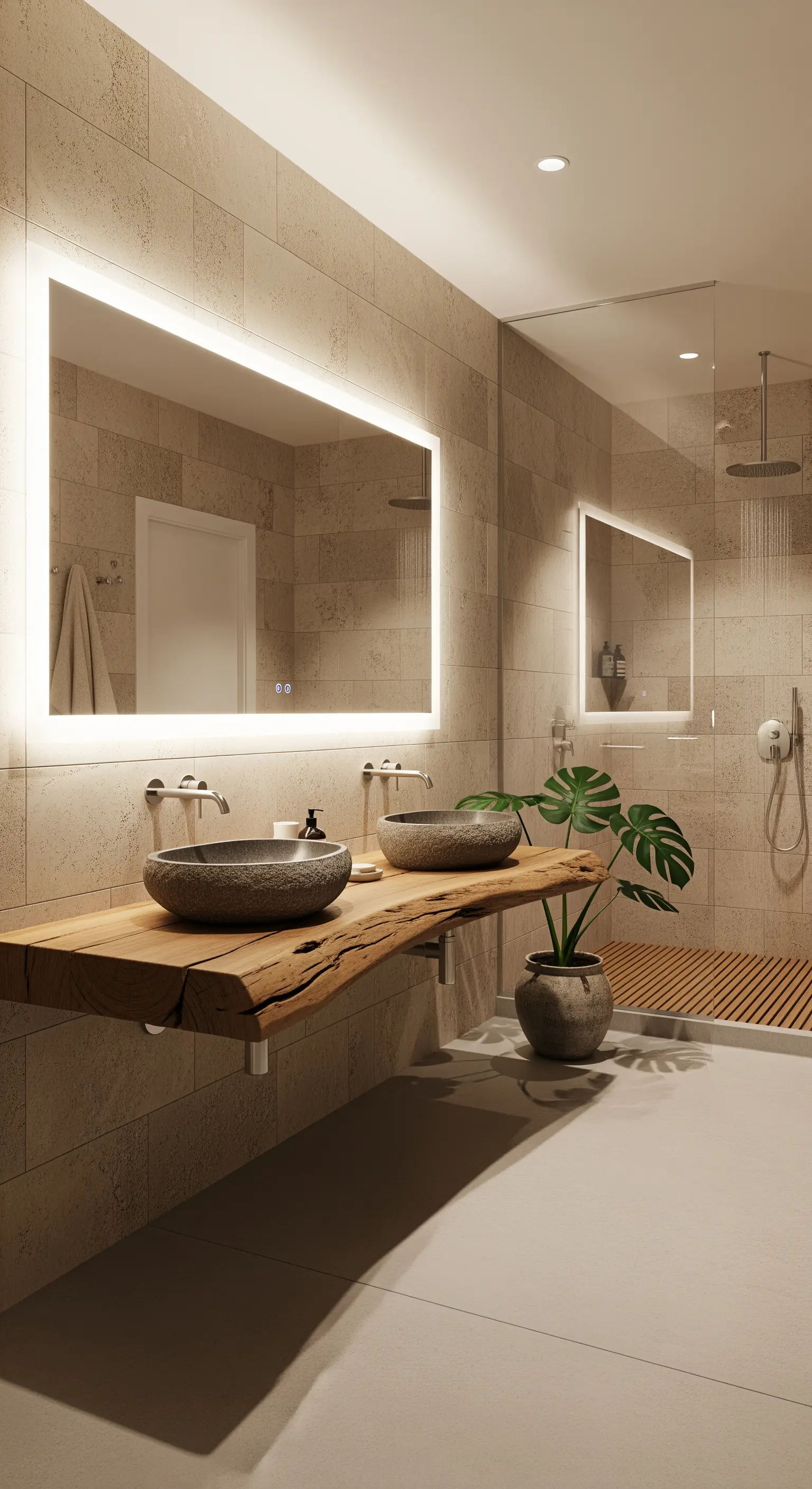 Hinterleuchteter Spiegel über einer Waschtischplatte aus Altholz mit zwei Steinwaschbecken.