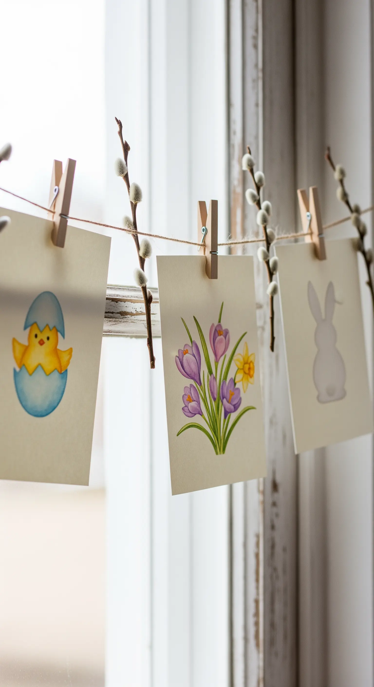 Weidenkätzchen-Girlande mit frühlingshaften Postkarten an der Fensterscheibe