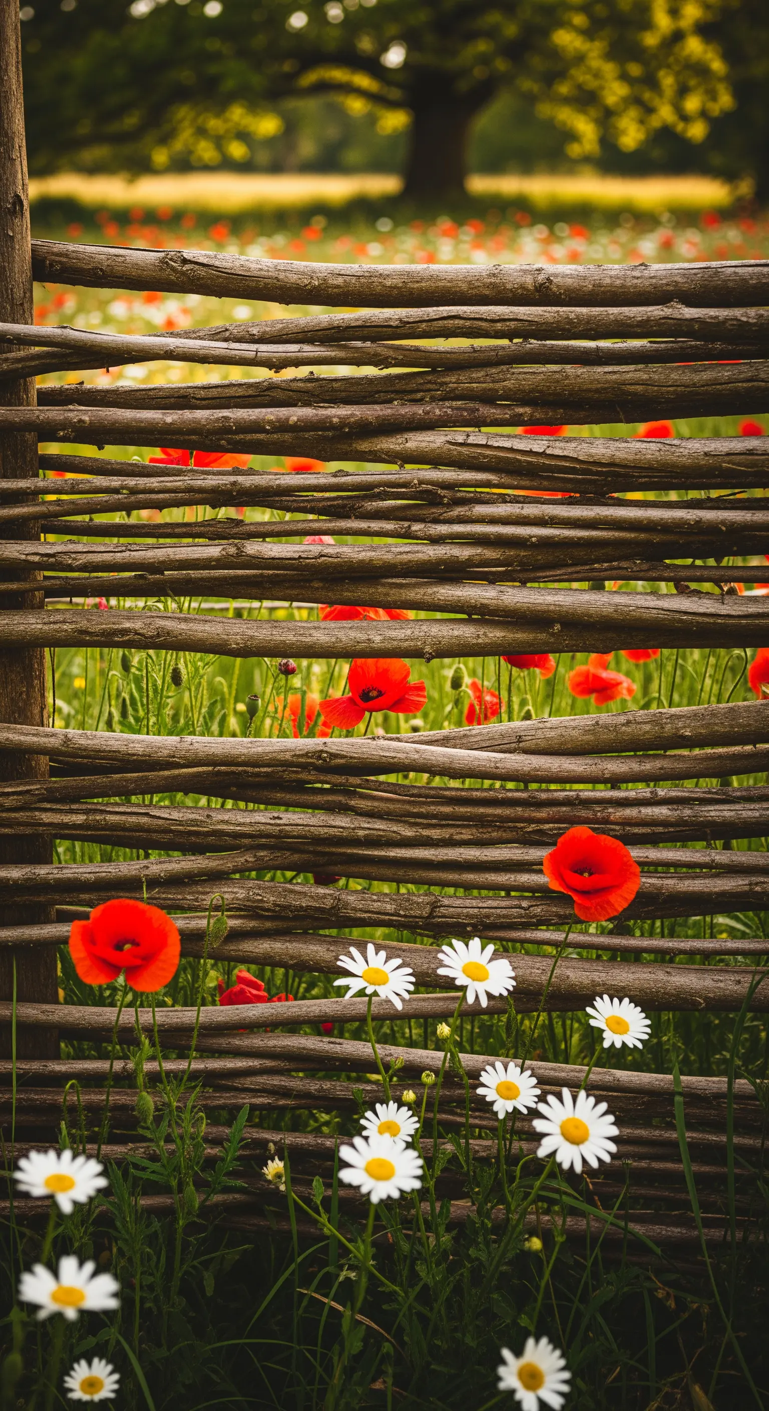Rustikaler Weidenzaun mit roten Mohnblumen und weißen Gänseblümchen