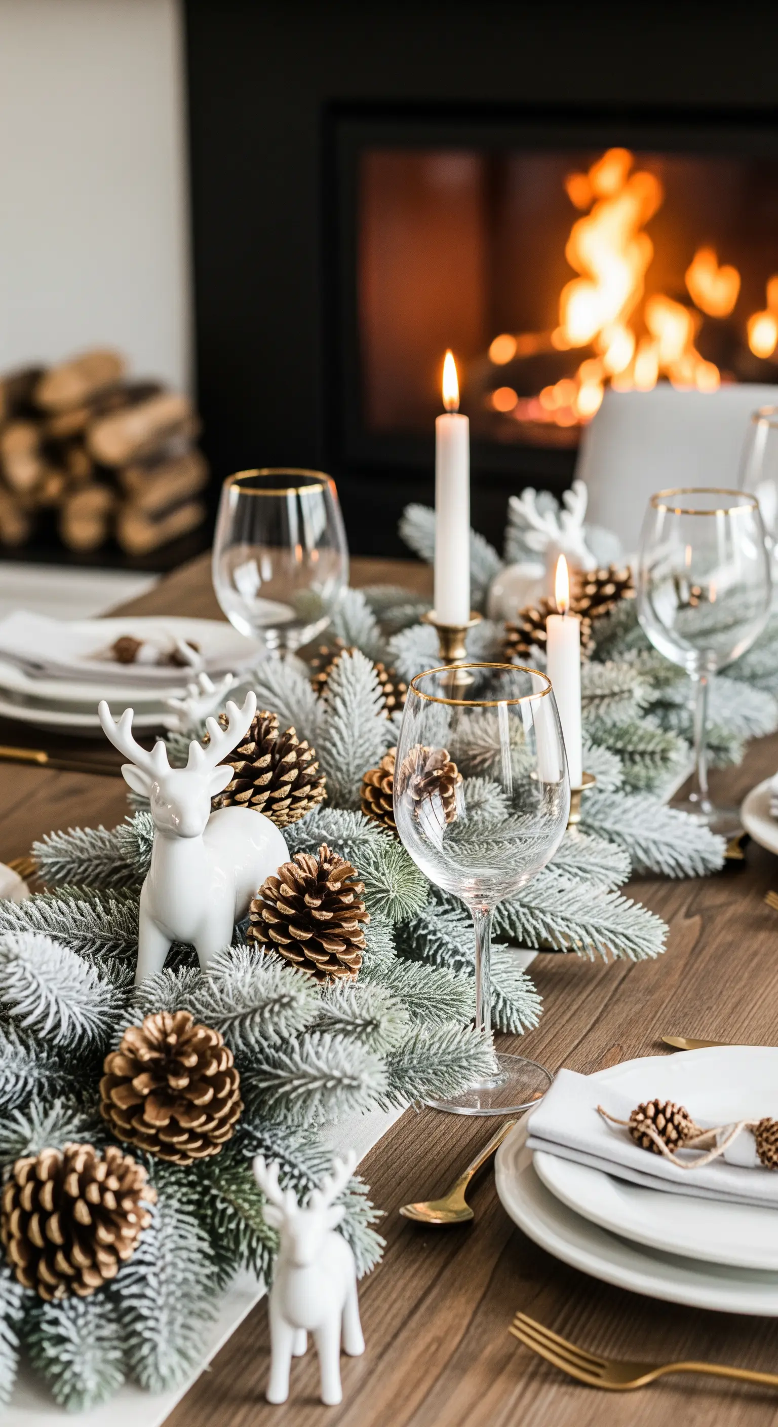 Rustikale Weihnachtstafel mit frostigen Tannenzweigen, goldenen Zapfen und weißen Rentieren