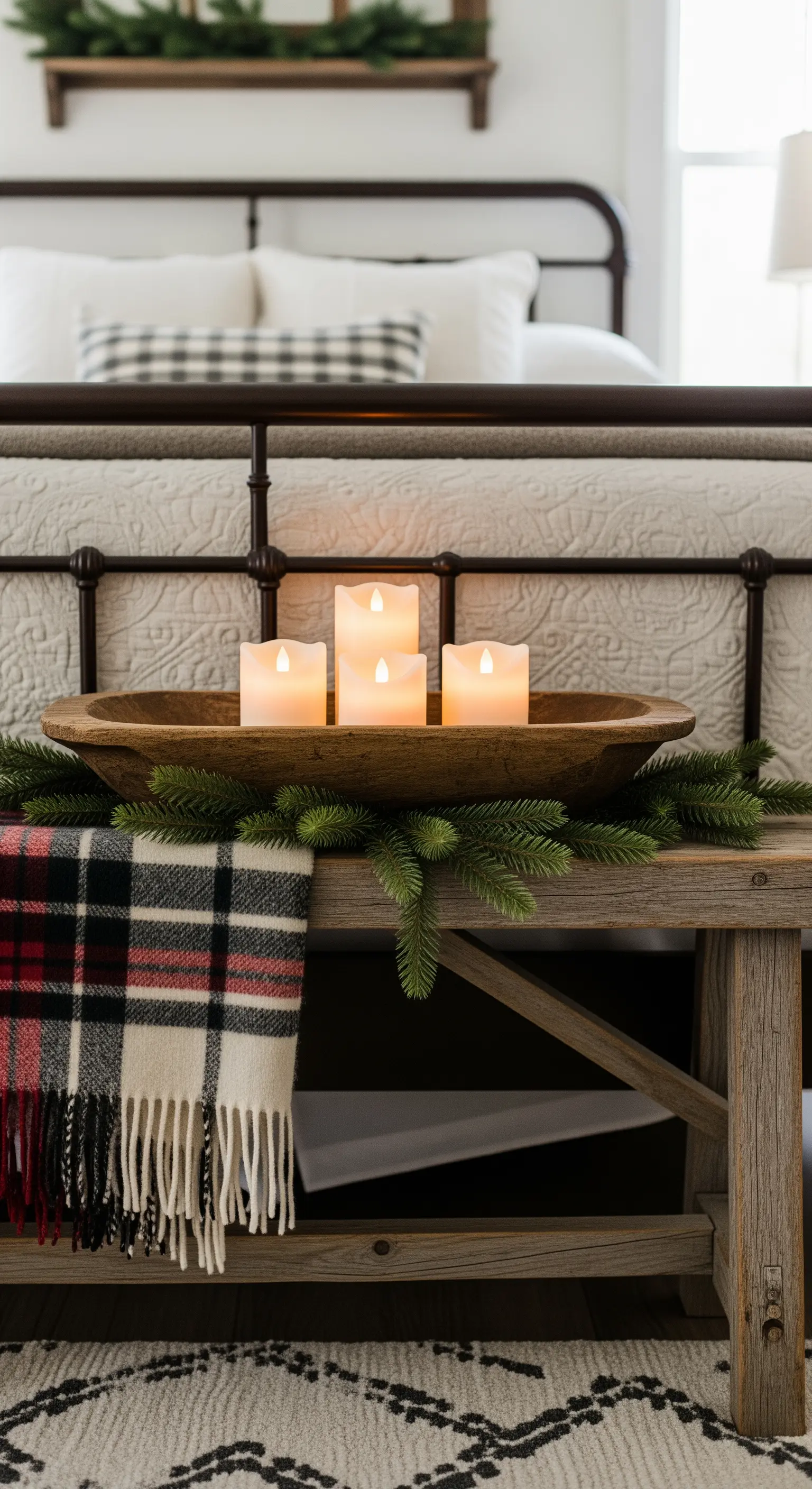 Holzschale mit Kerzen und Tannengrün auf einer Bank am Bettende im Landhausstil.