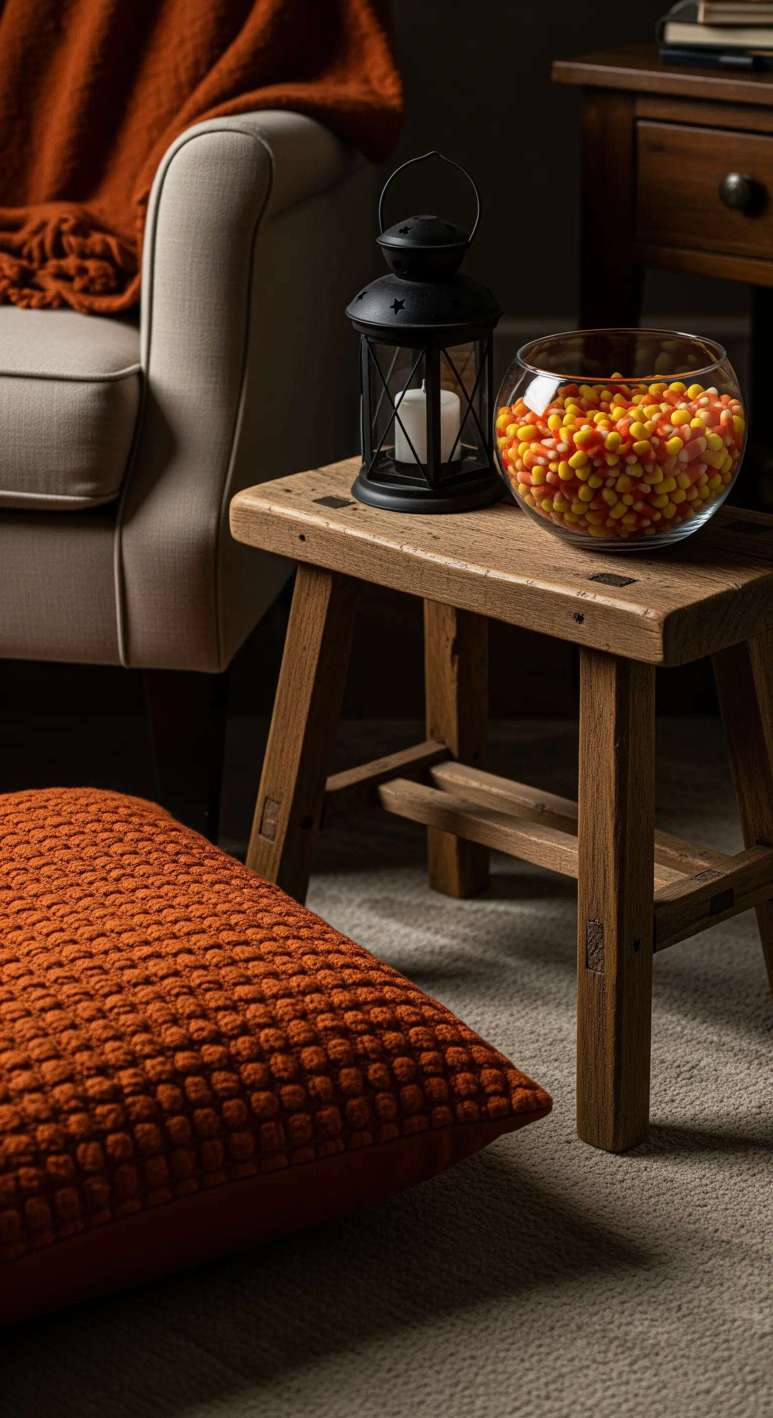 Holzhocker mit Laterne, Candy Corn, orangefarbenes Kissen.
