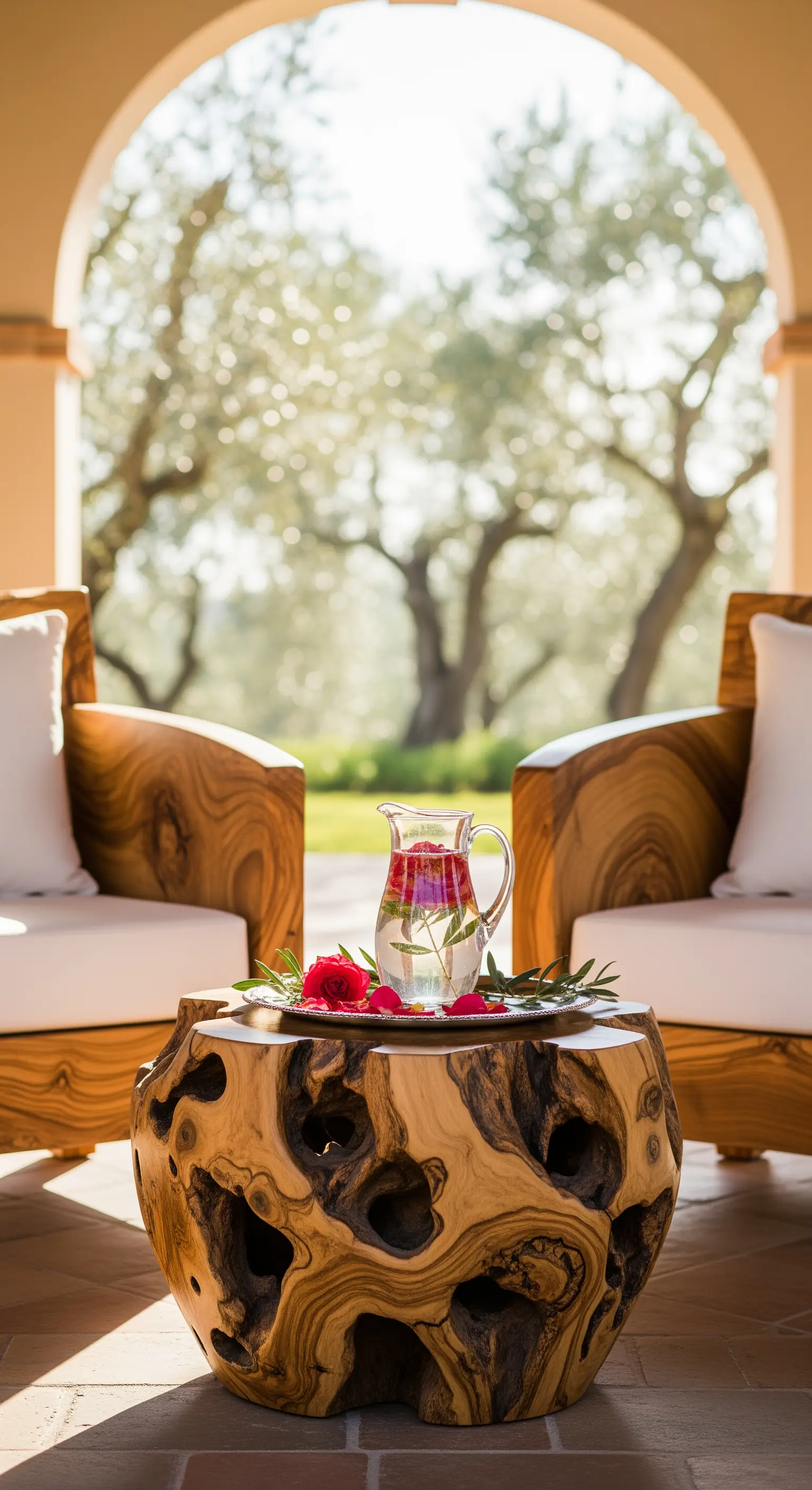 Beistelltisch aus Olivenholz mit Rose und Olivenzweig, umgeben von Holzstühlen